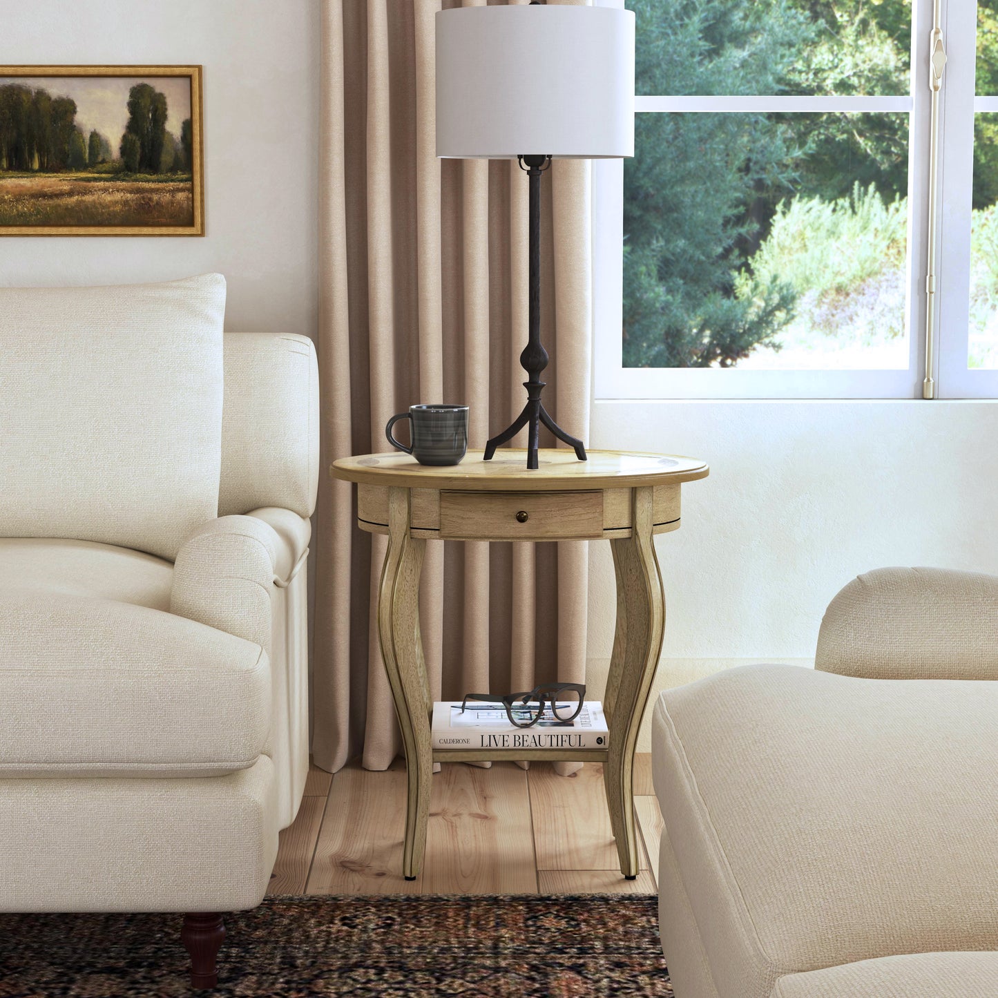 Butler Specialty Company Jeanette 24.5 in. W Oval Wood 1 Drawer Side Table with Lower Open Shelf, Beige