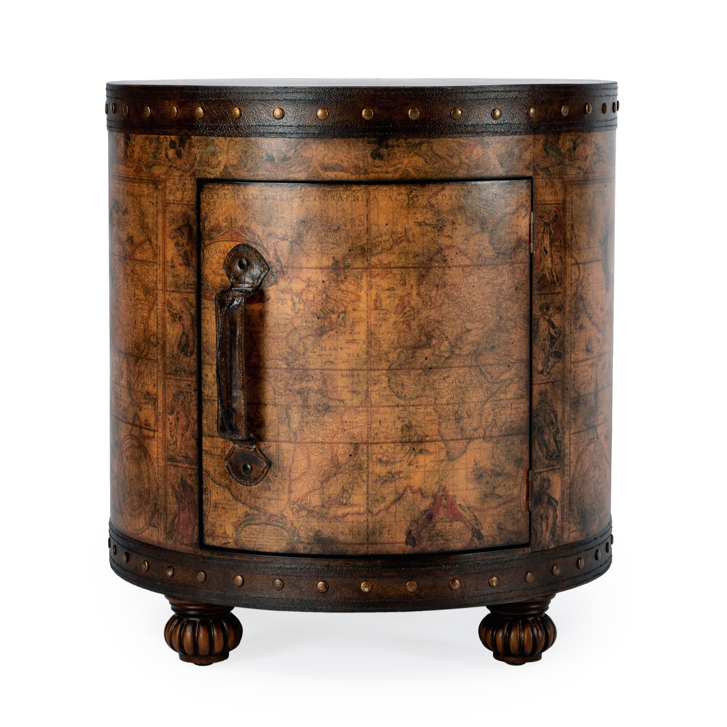 Butler Specialty Company Vasco 20 in. W Round Leather and Wood Old World Map Duffel Table  with 1 Door Closed Storage, Light Brown