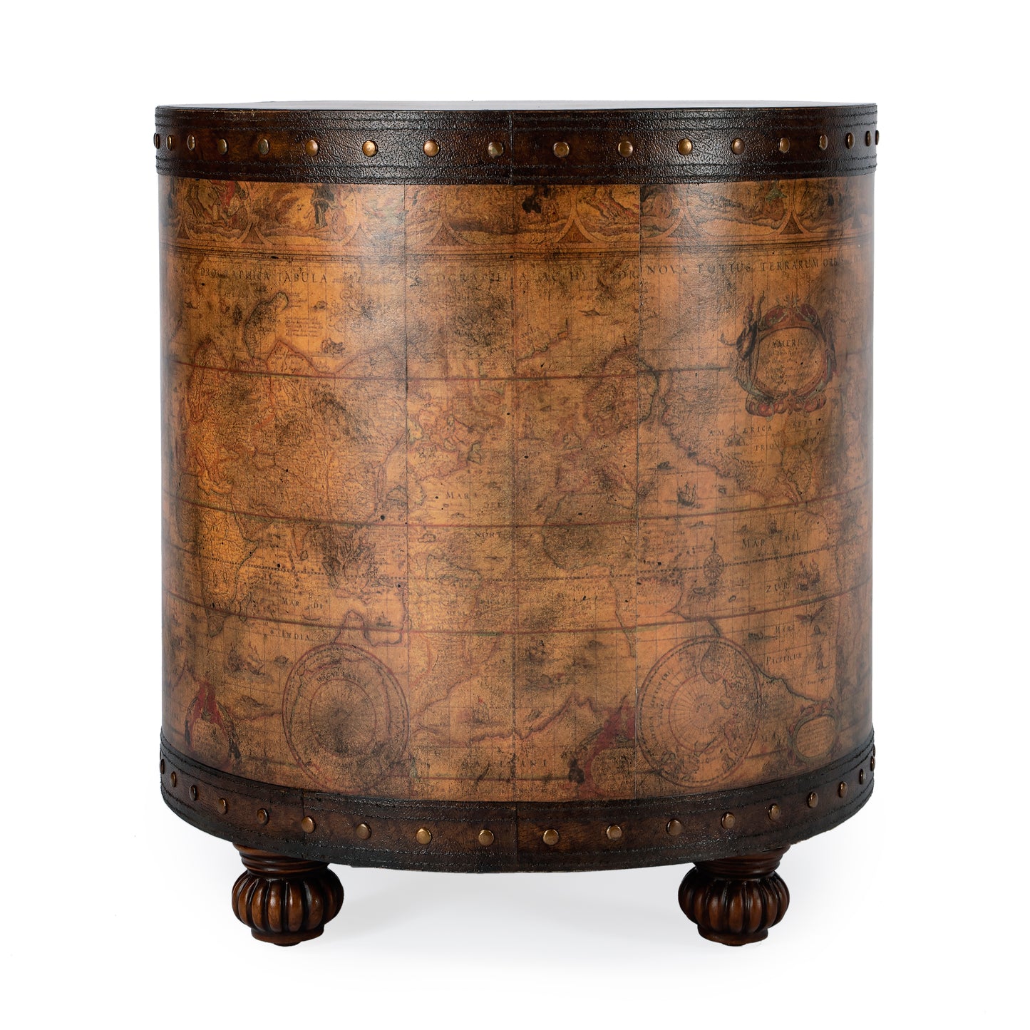 Butler Specialty Company Vasco 20 in. W Round Leather and Wood Old World Map Duffel Table  with 1 Door Closed Storage, Light Brown