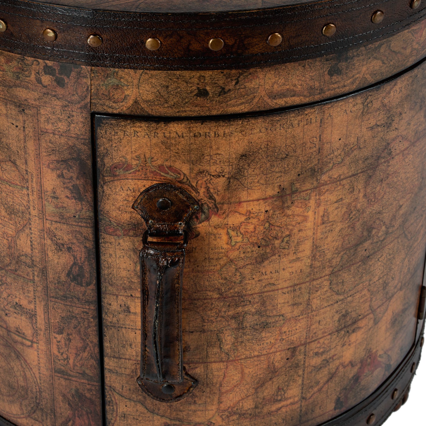 Butler Specialty Company Vasco 20 in. W Round Leather and Wood Old World Map Duffel Table  with 1 Door Closed Storage, Light Brown