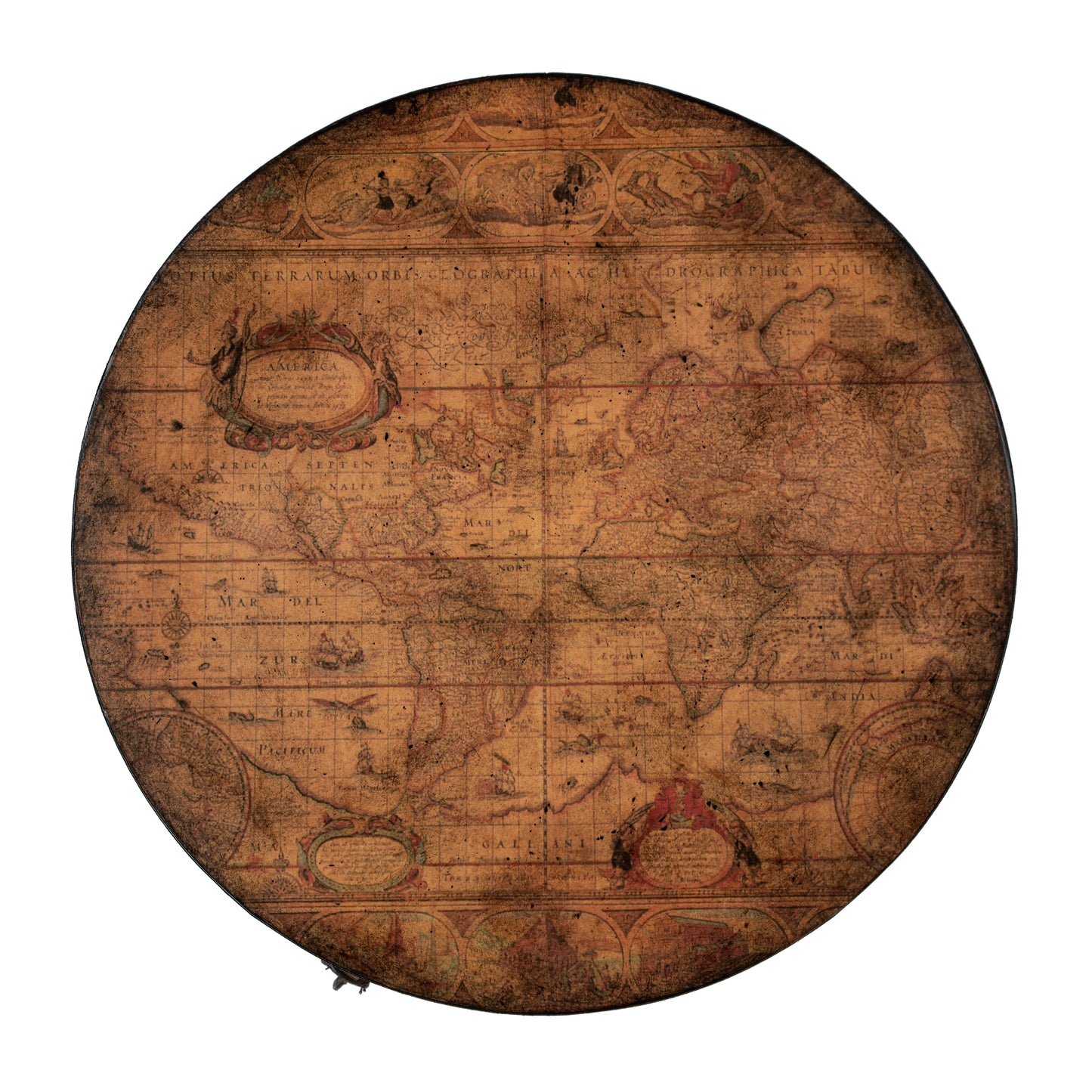 Butler Specialty Company Vasco 20 in. W Round Leather and Wood Old World Map Duffel Table  with 1 Door Closed Storage, Light Brown