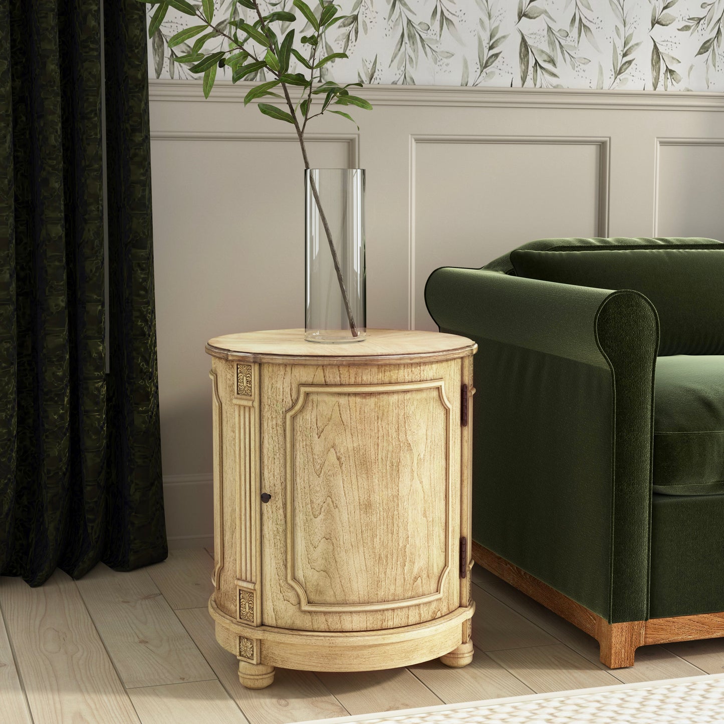 Butler Specialty Company Thurmond 20 in. W Round Wood Drum Side Table with 1 Door and 1 Shelf, Beige