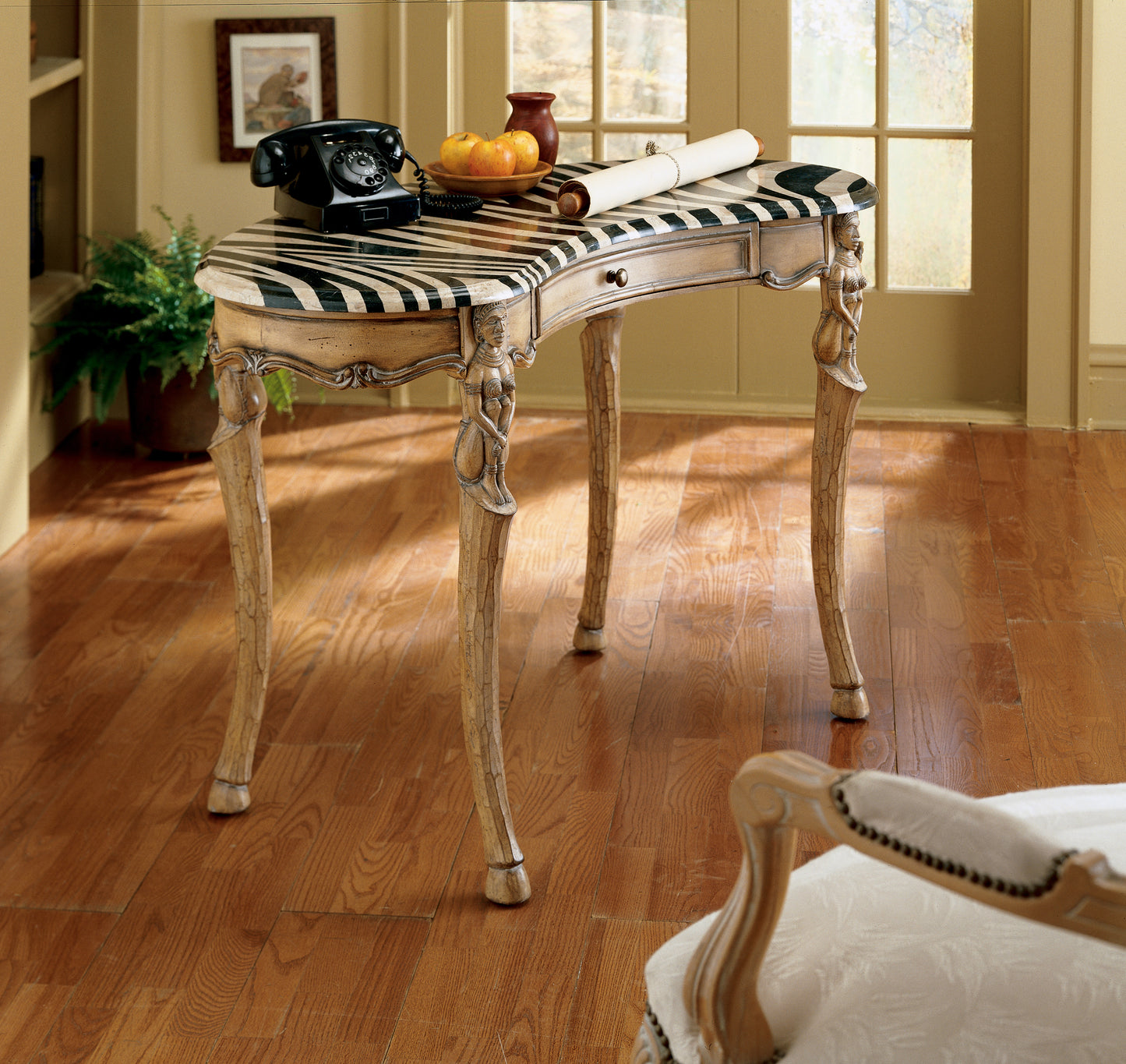Butler Specialty Company Luisa 47.5 in. W Kidney Shape Fossil Stone and Wood 1 Drawer Writing Desk, Multi-Color
