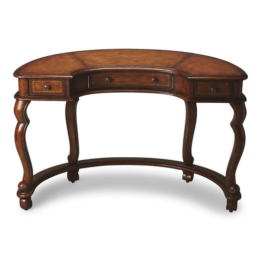 Butler Specialty Company Brava 48 in. W Demilune Faux Leather and Wood 3 Drawer Writing Desk, Medium Brown