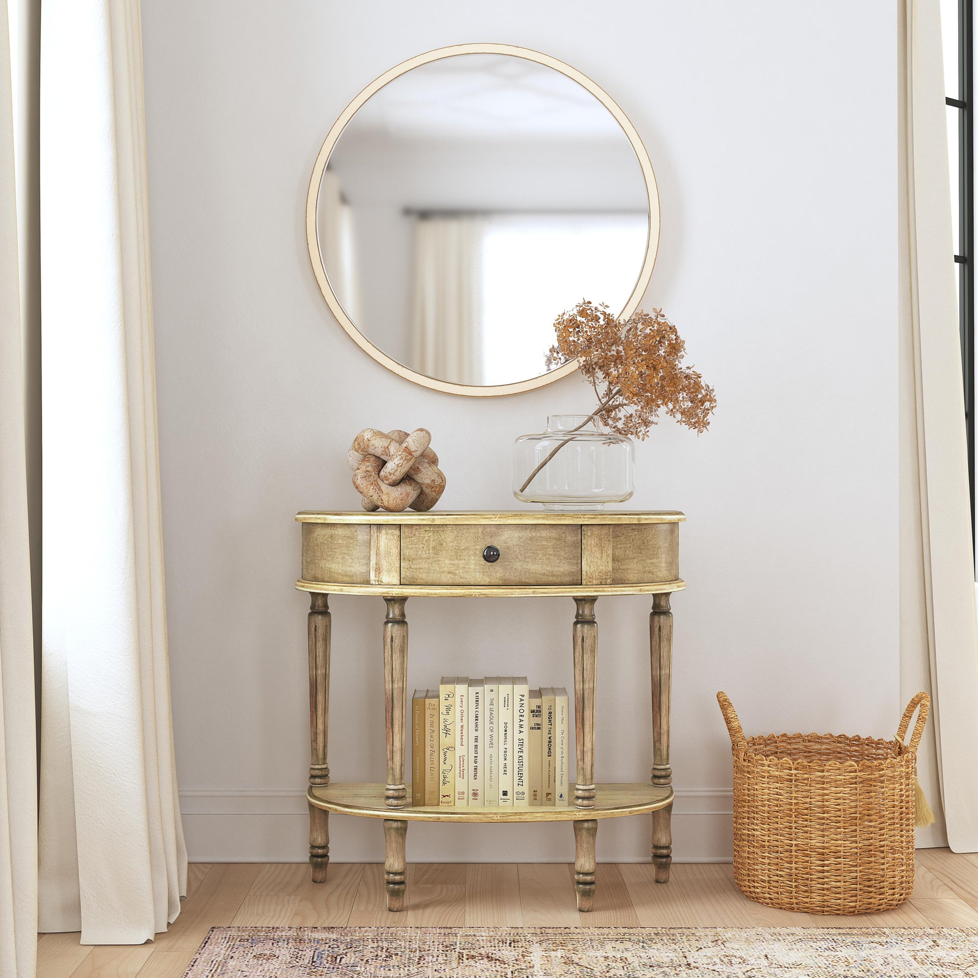 Butler Specialty Company Mozart 31.5 in. W Demilune Wood 1 Drawer Console Table with Open Lower Shelf, Beige