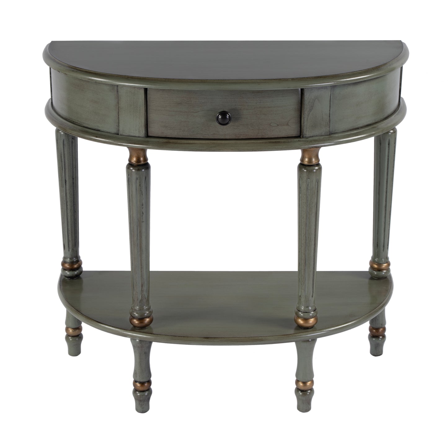 Butler Specialty Company Mozart 31.5 in. W Demilune Wood Hand Painted 1 Drawer Console Table with Lower Open Shelf, Pastel Green