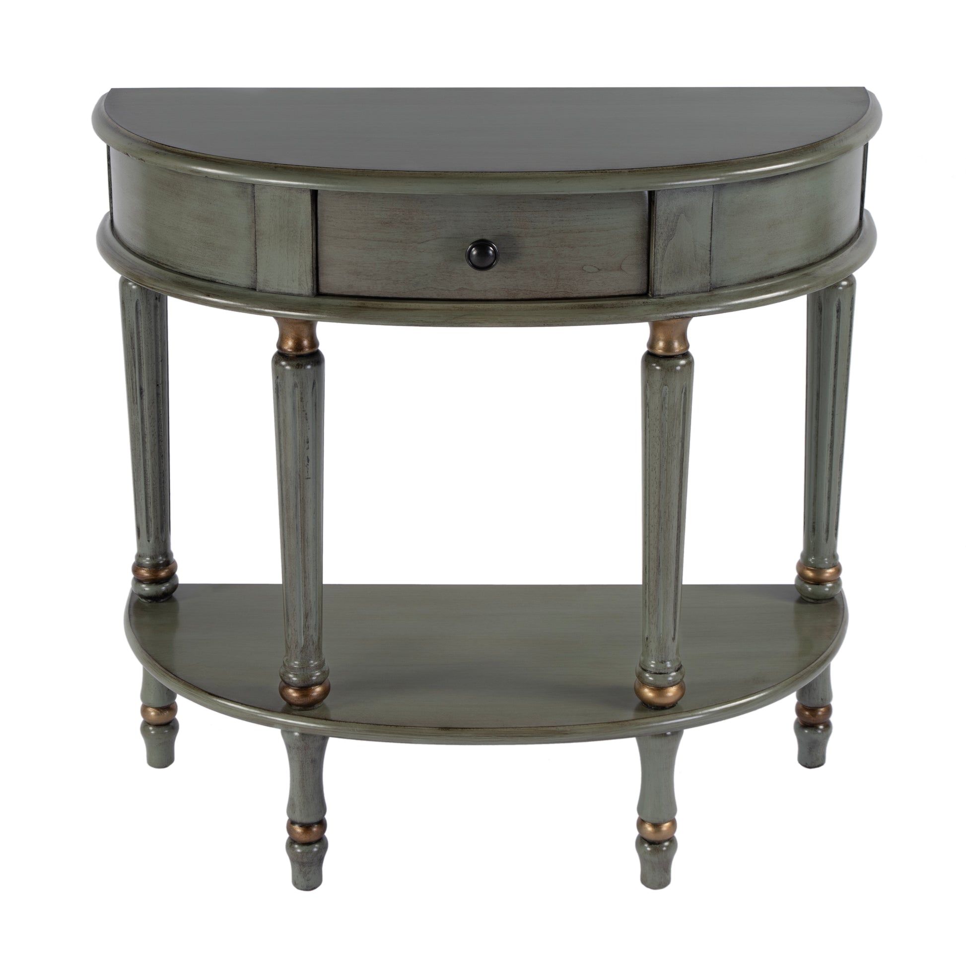 Butler Specialty Company Mozart 31.5 in. W Demilune Wood Hand Painted 1 Drawer Console Table with Lower Open Shelf, Pastel Green