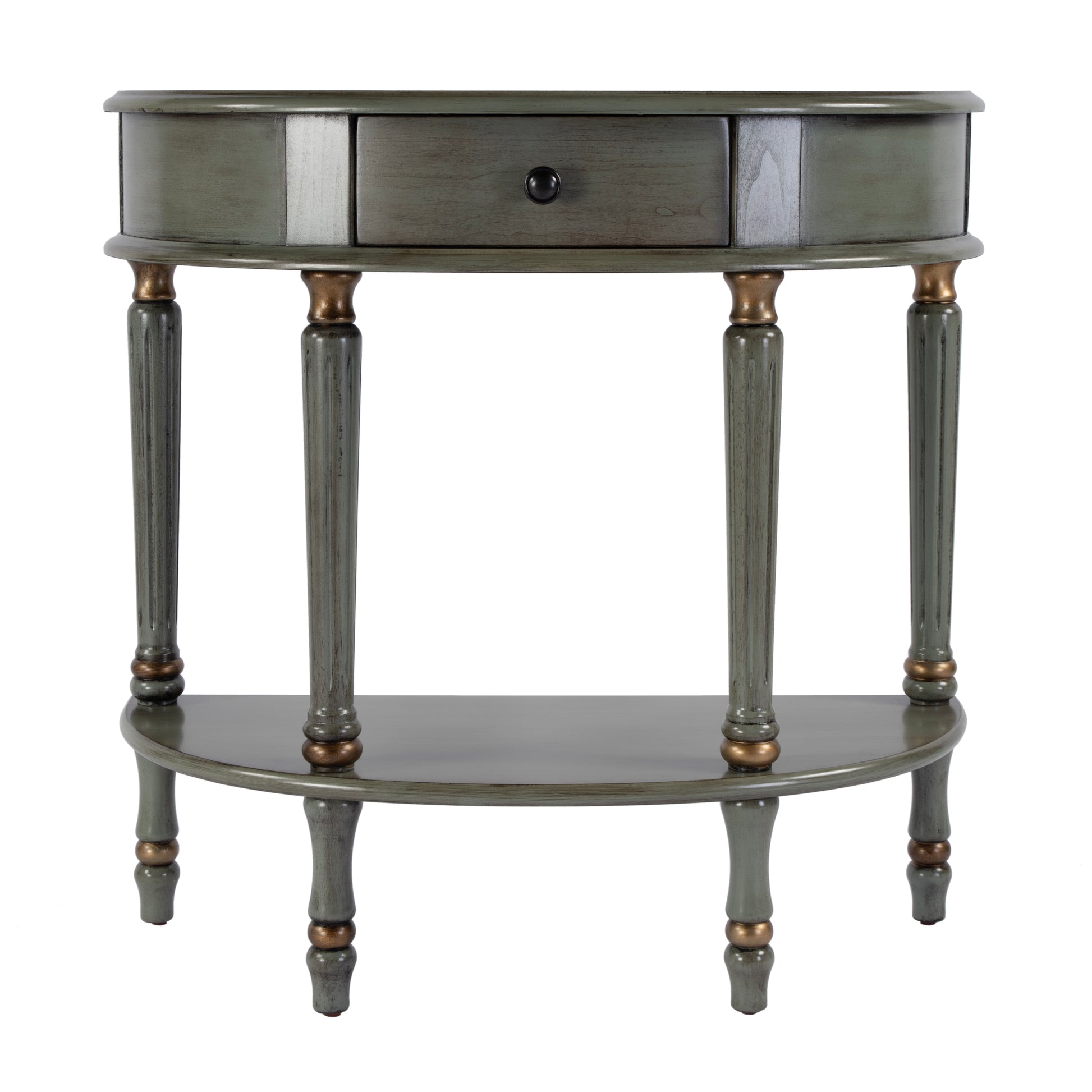 Butler Specialty Company Mozart 31.5 in. W Demilune Wood Hand Painted 1 Drawer Console Table with Lower Open Shelf, Pastel Green