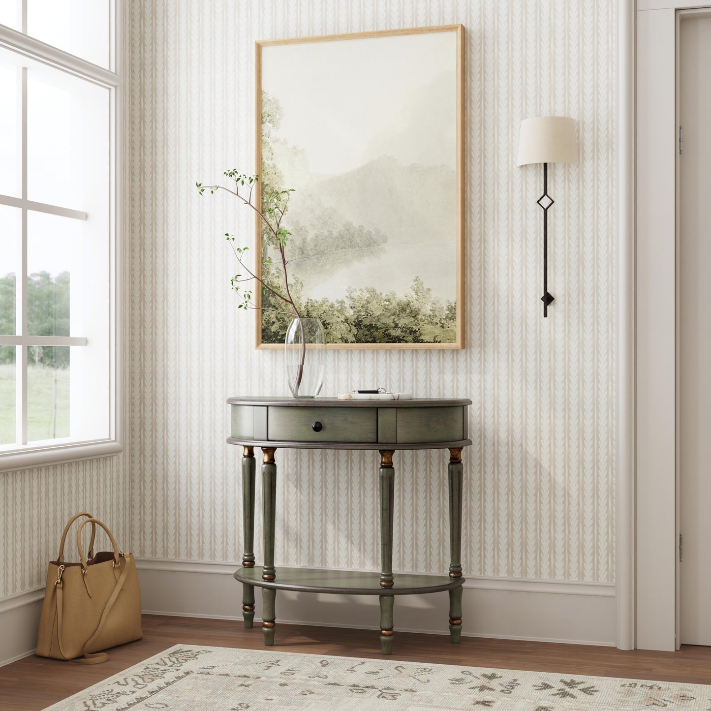 Butler Specialty Company Mozart 31.5 in. W Demilune Wood Hand Painted 1 Drawer Console Table with Lower Open Shelf, Pastel Green