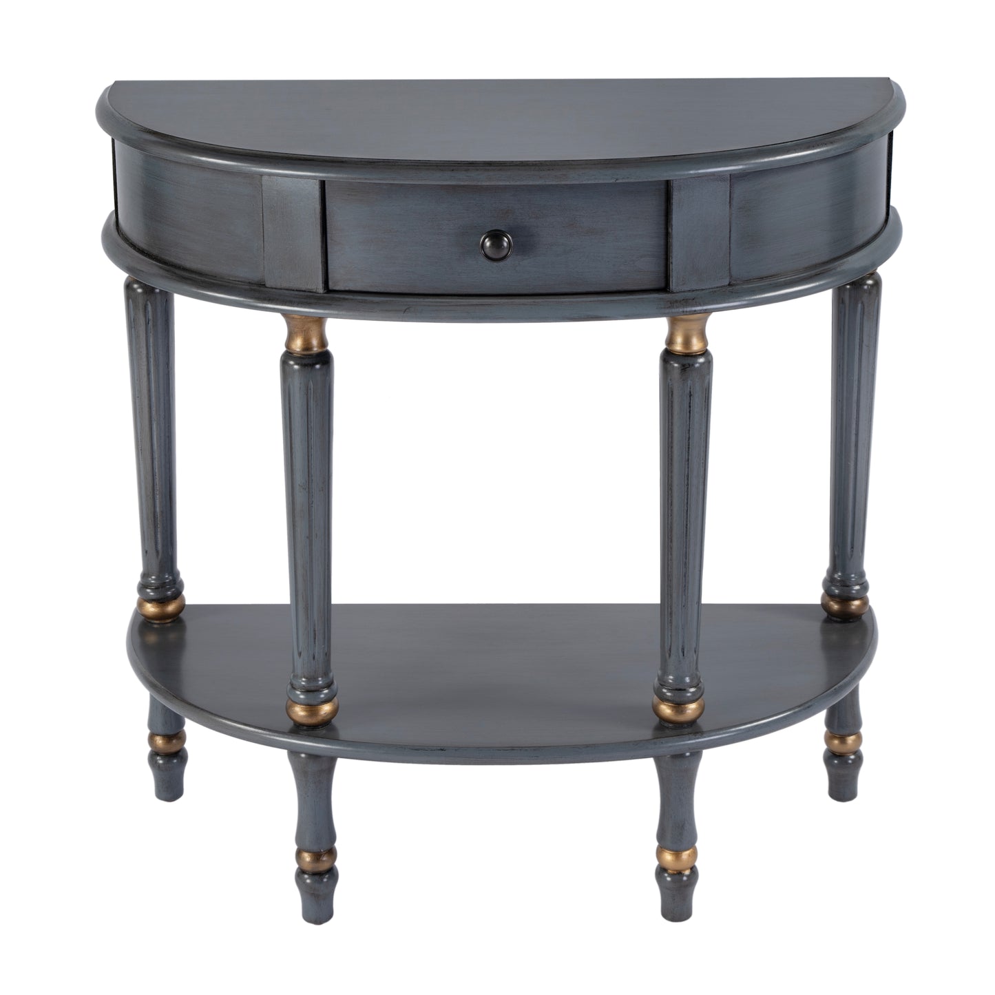 Butler Specialty Company Mozart 31.5 in. W Demilune Wood Hand Painted 1 Drawer Console Table with Lower Open Shelf, Pastel Blue