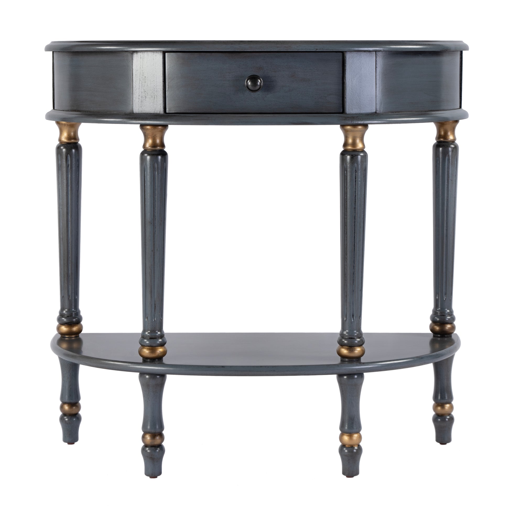 Butler Specialty Company Mozart 31.5 in. W Demilune Wood Hand Painted 1 Drawer Console Table with Lower Open Shelf, Pastel Blue