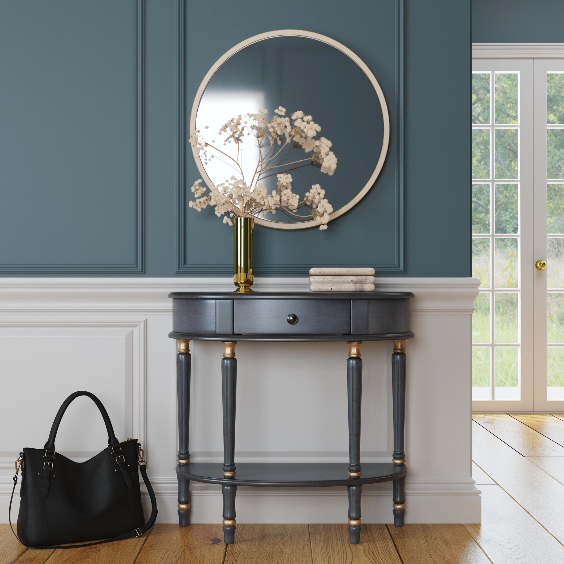 Butler Specialty Company Mozart 31.5 in. W Demilune Wood Hand Painted 1 Drawer Console Table with Lower Open Shelf, Pastel Blue
