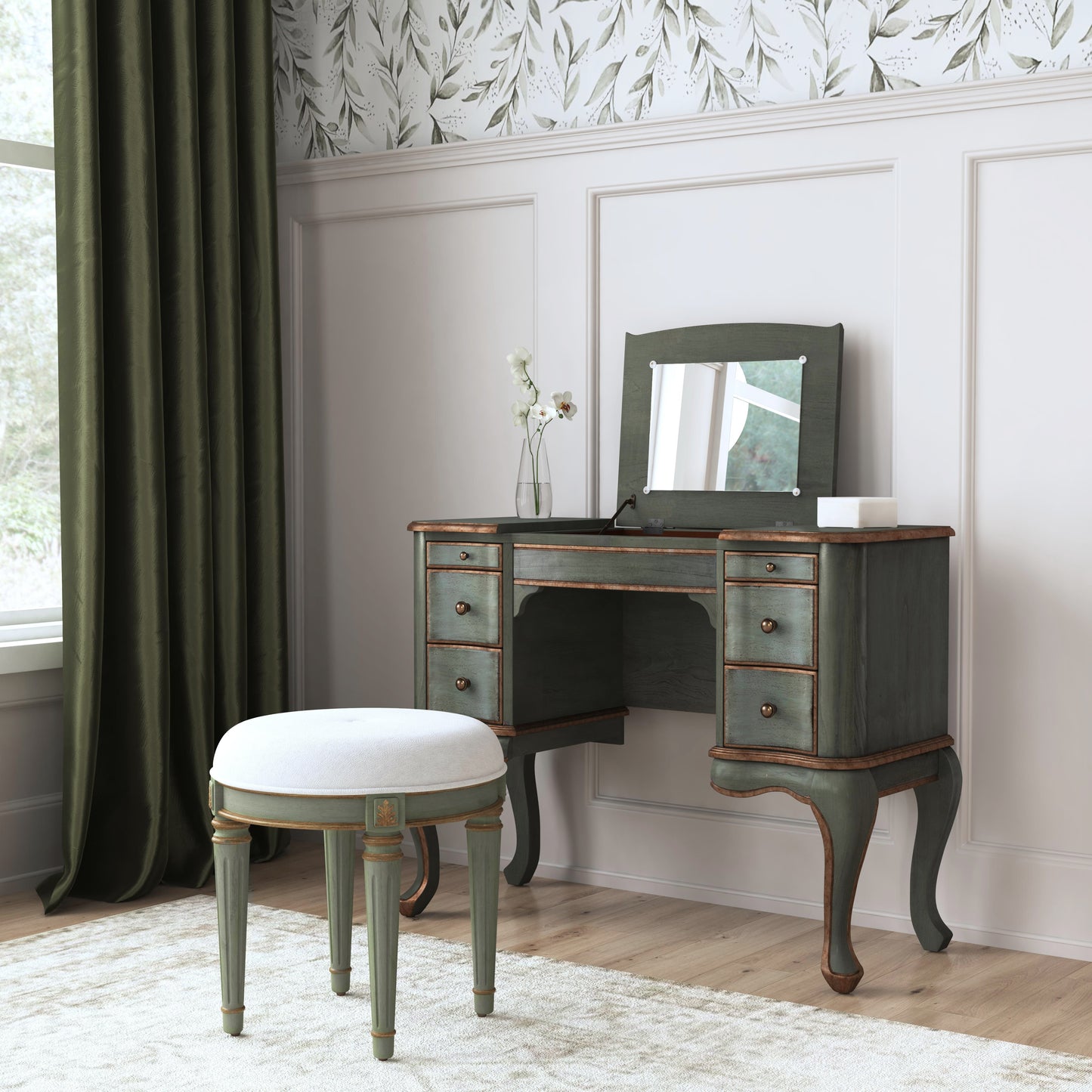 Butler Specialty Company Charlotte 40 in. W Rectangular Wood Vanity/Valet Desk with Storage Drawers and Mirror, Pastel Green