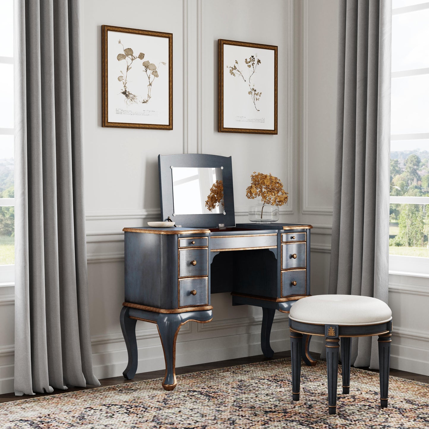 Butler Specialty Company Charlotte 40 in. W Rectangular Wood Vanity/Valet Desk with Storage Drawers and Mirror, Pastel Blue