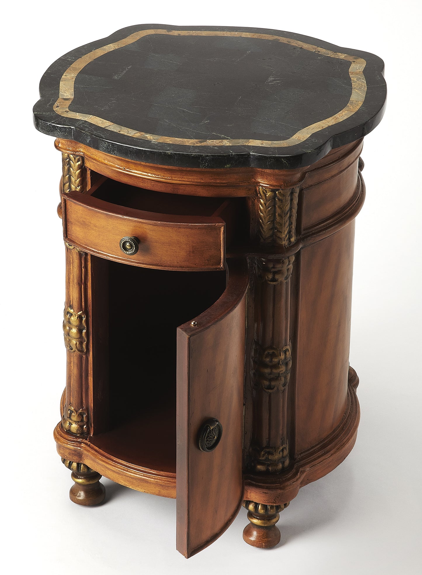 Butler Specialty Company Montero 20 in. W Round Fossil Stone and Wood 1 Drawer and 1 Door Drum Side Table, Multi-Color