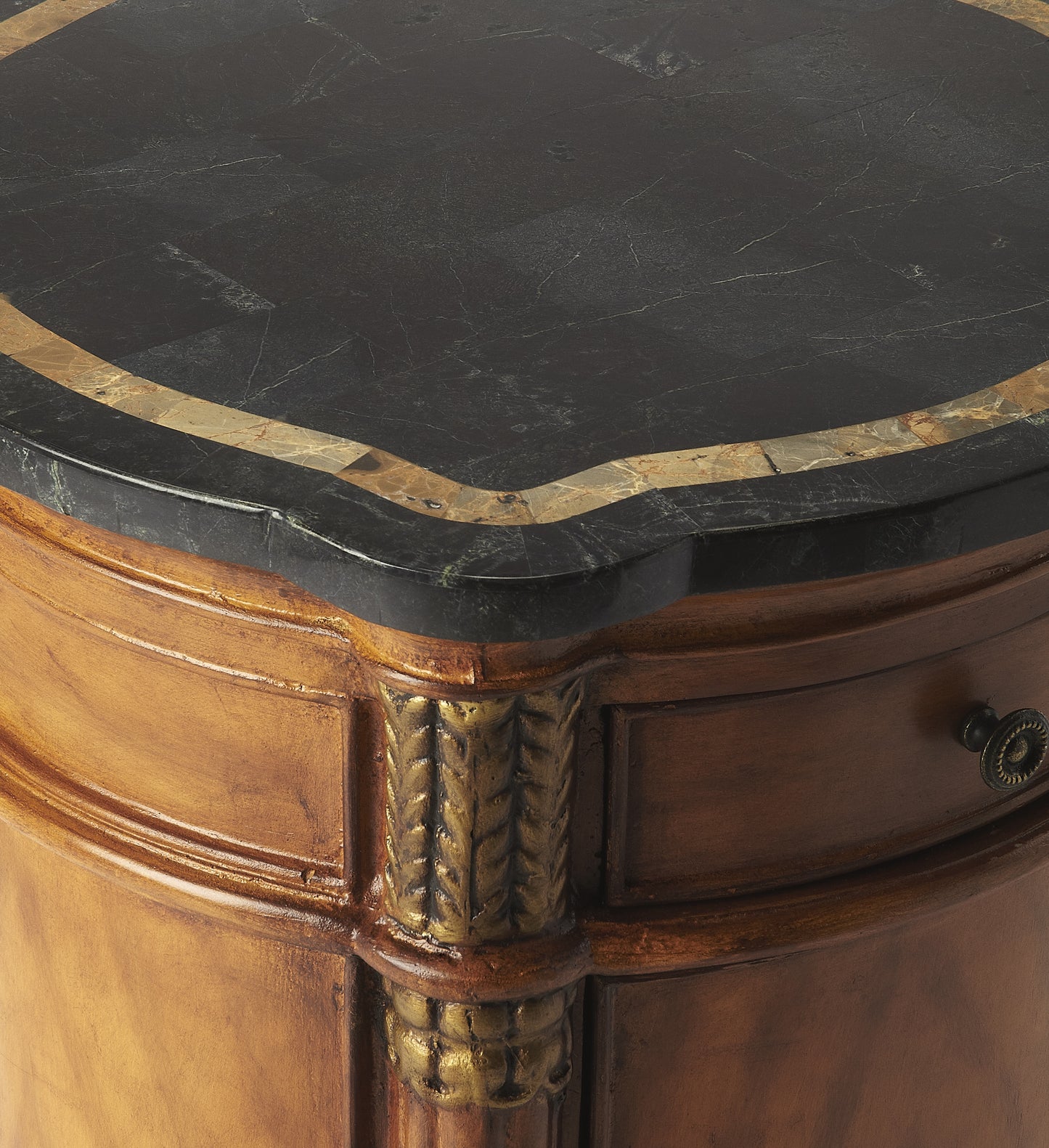 Butler Specialty Company Montero 20 in. W Round Fossil Stone and Wood 1 Drawer and 1 Door Drum Side Table, Multi-Color