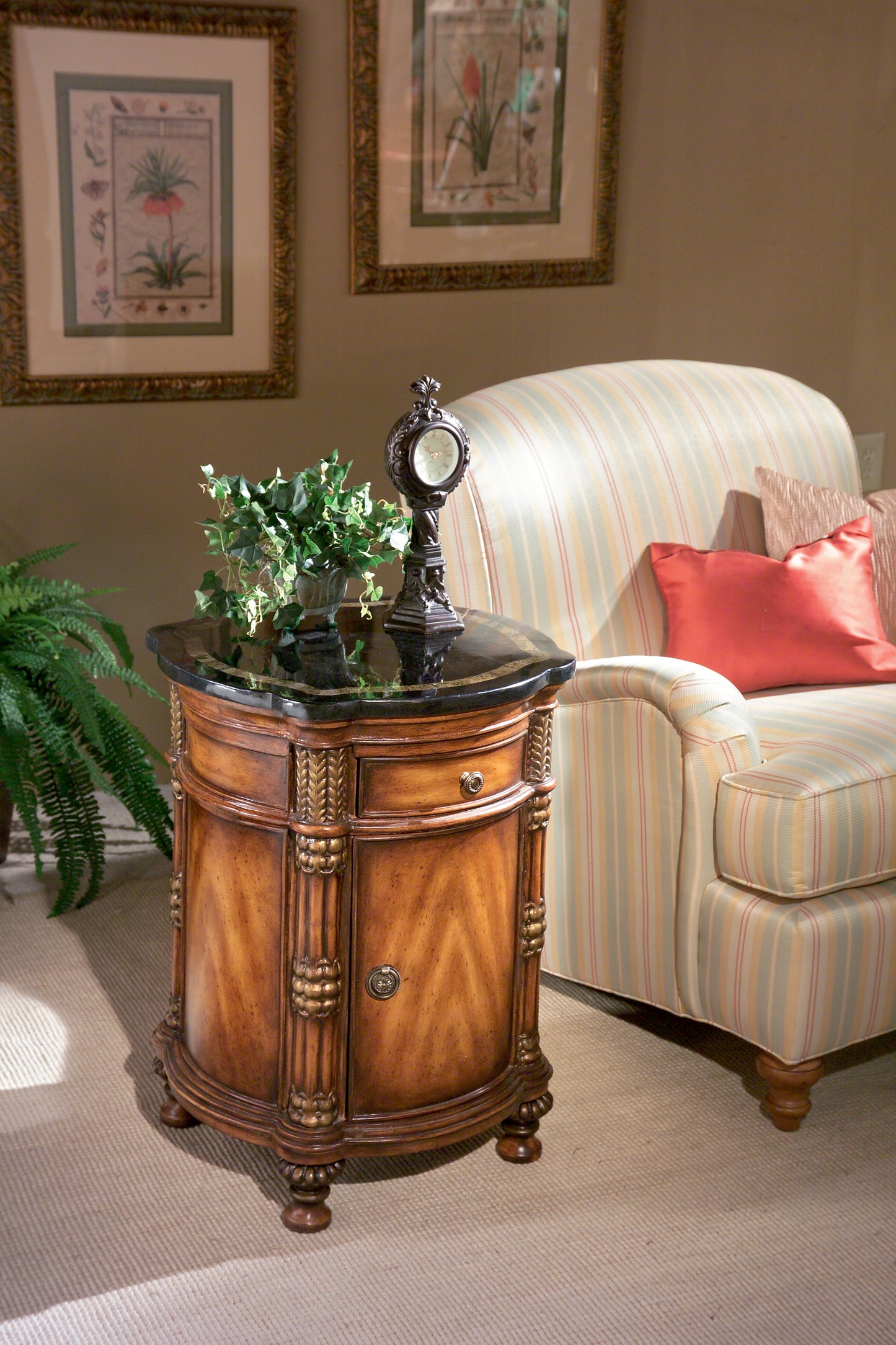 Butler Specialty Company Montero 20 in. W Round Fossil Stone and Wood 1 Drawer and 1 Door Drum Side Table, Multi-Color