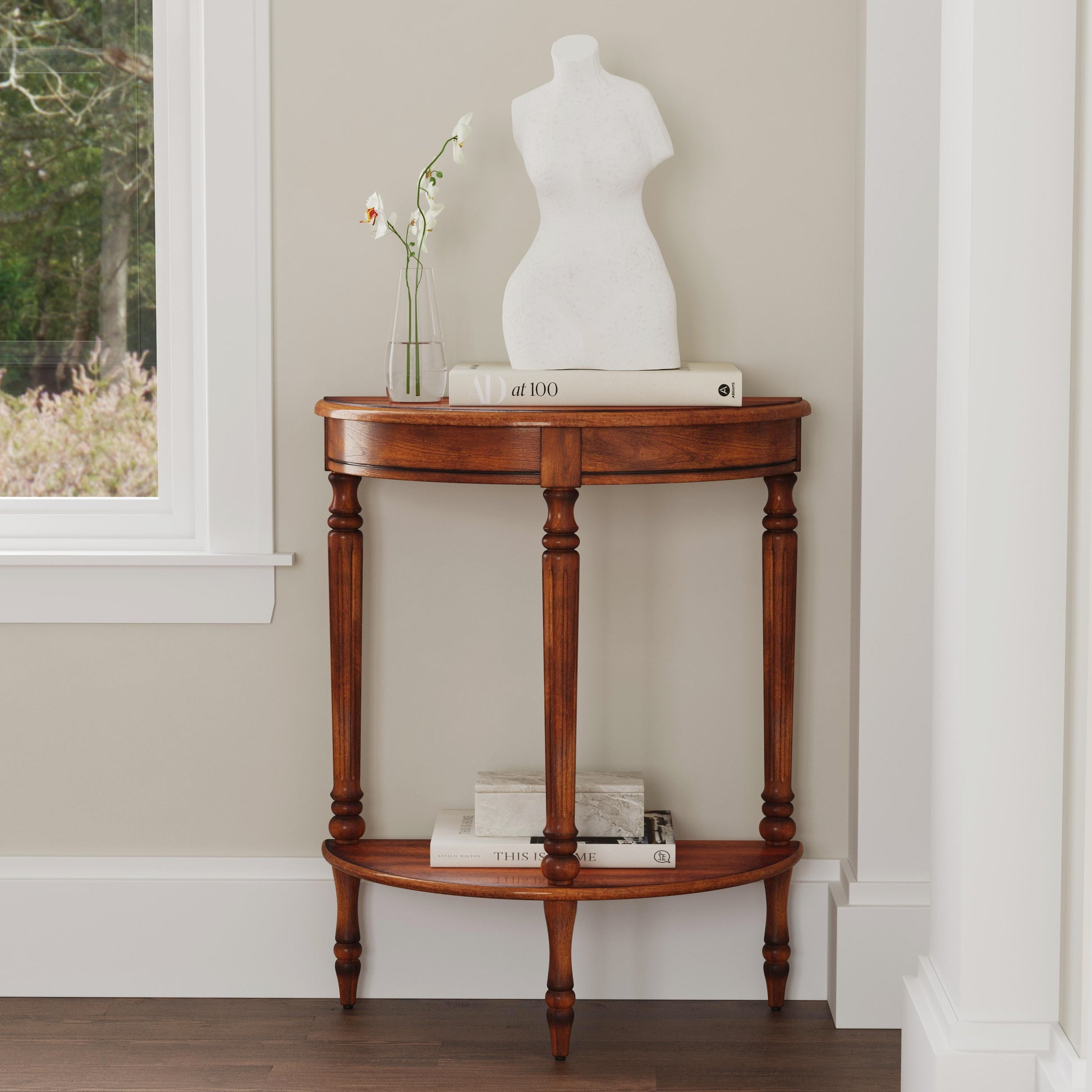 Butler Specialty Company Bellini  24 in. W Demilune Wood Console Table with Lower Open Shelf, Medium Brown