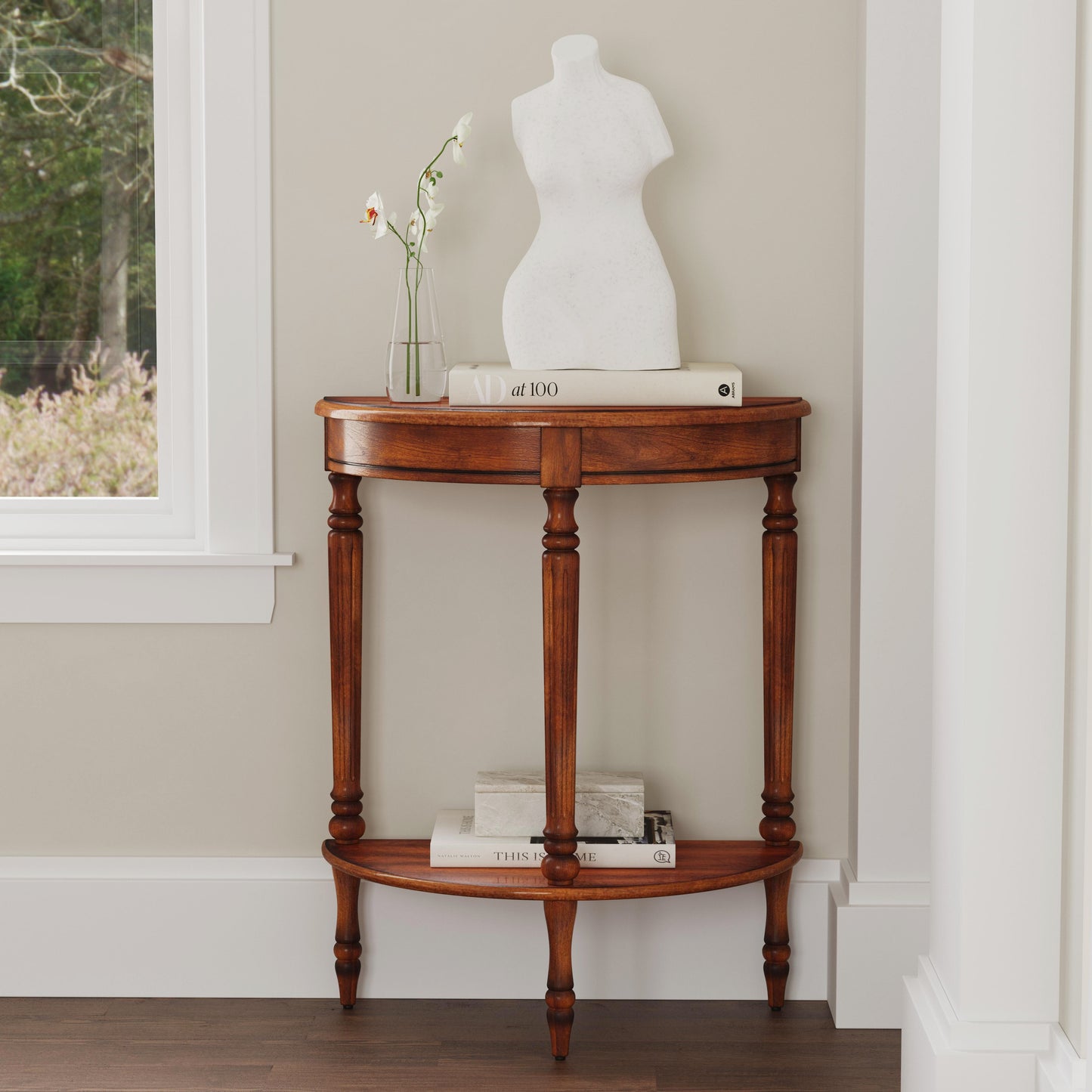 Butler Specialty Company Bellini  24 in. W Demilune Wood Console Table with Lower Open Shelf, Medium Brown