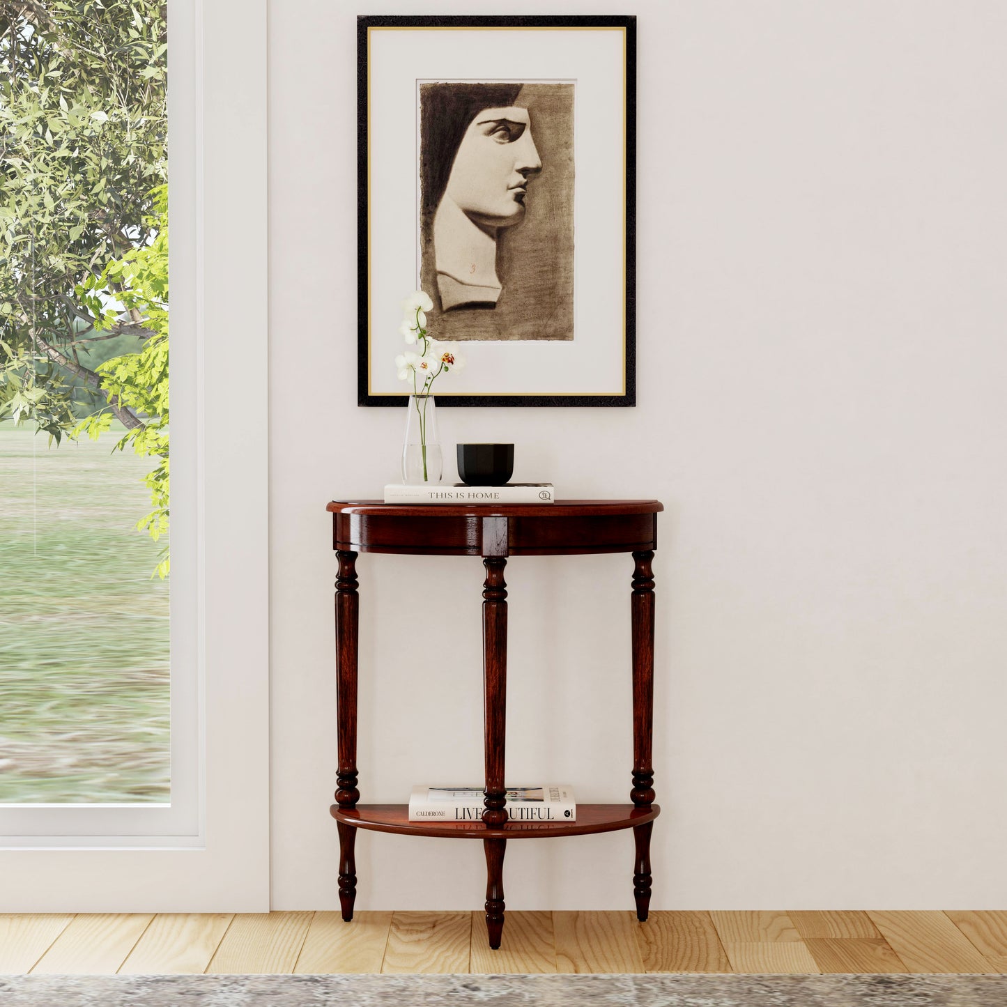 Butler Specialty Company Bellini  24 in. W Demilune Wood Console Table with Lower Open Shelf, Dark Brown
