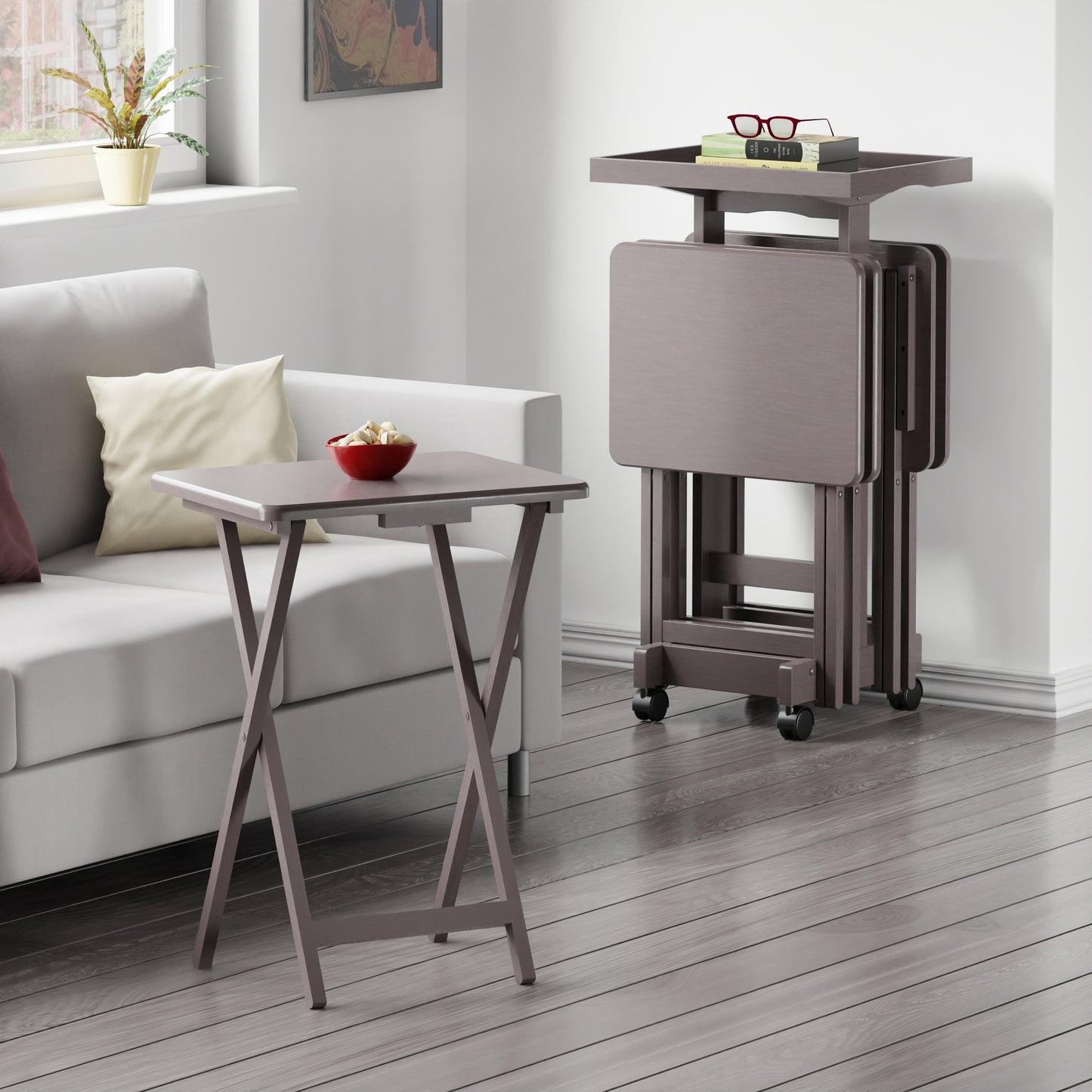 Isabelle 6-Pc Snack Table Set with Removable Serving Tray, Oyster Gray