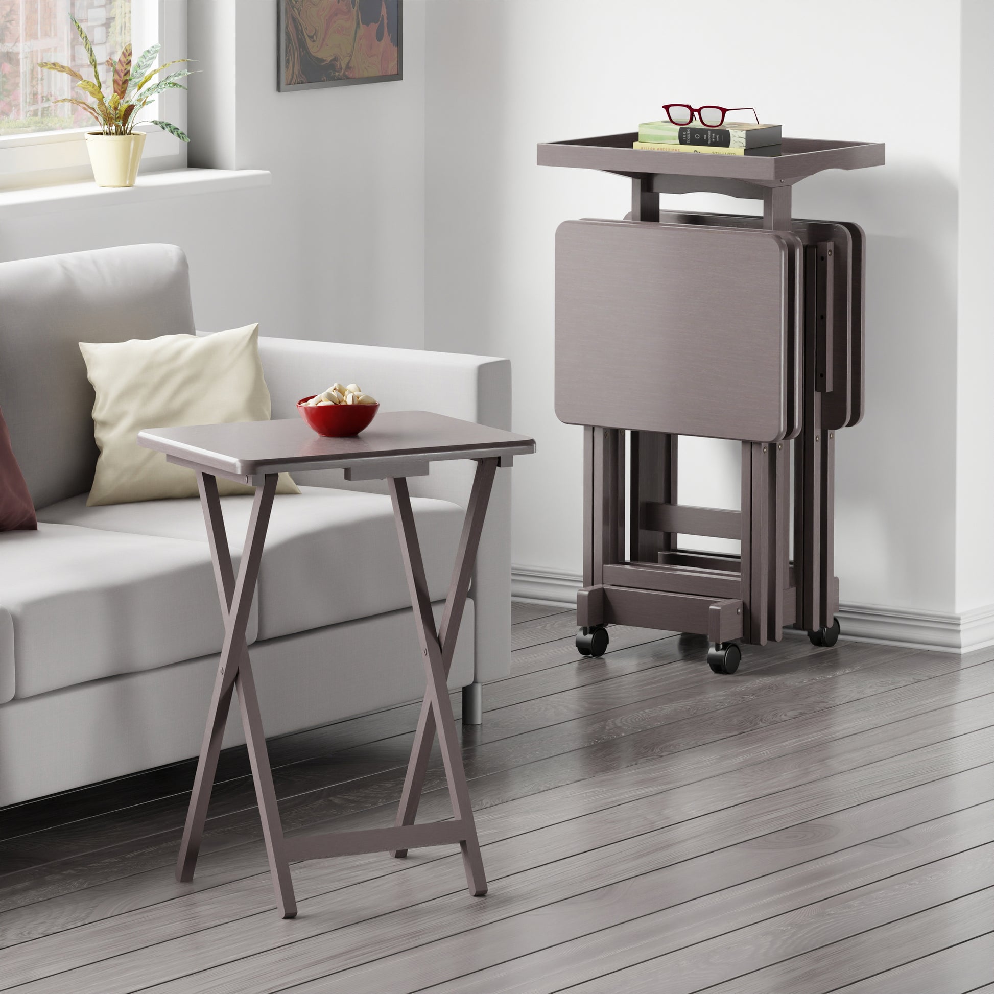 Isabelle 6-Pc Snack Table Set with Removable Serving Tray, Oyster Gray