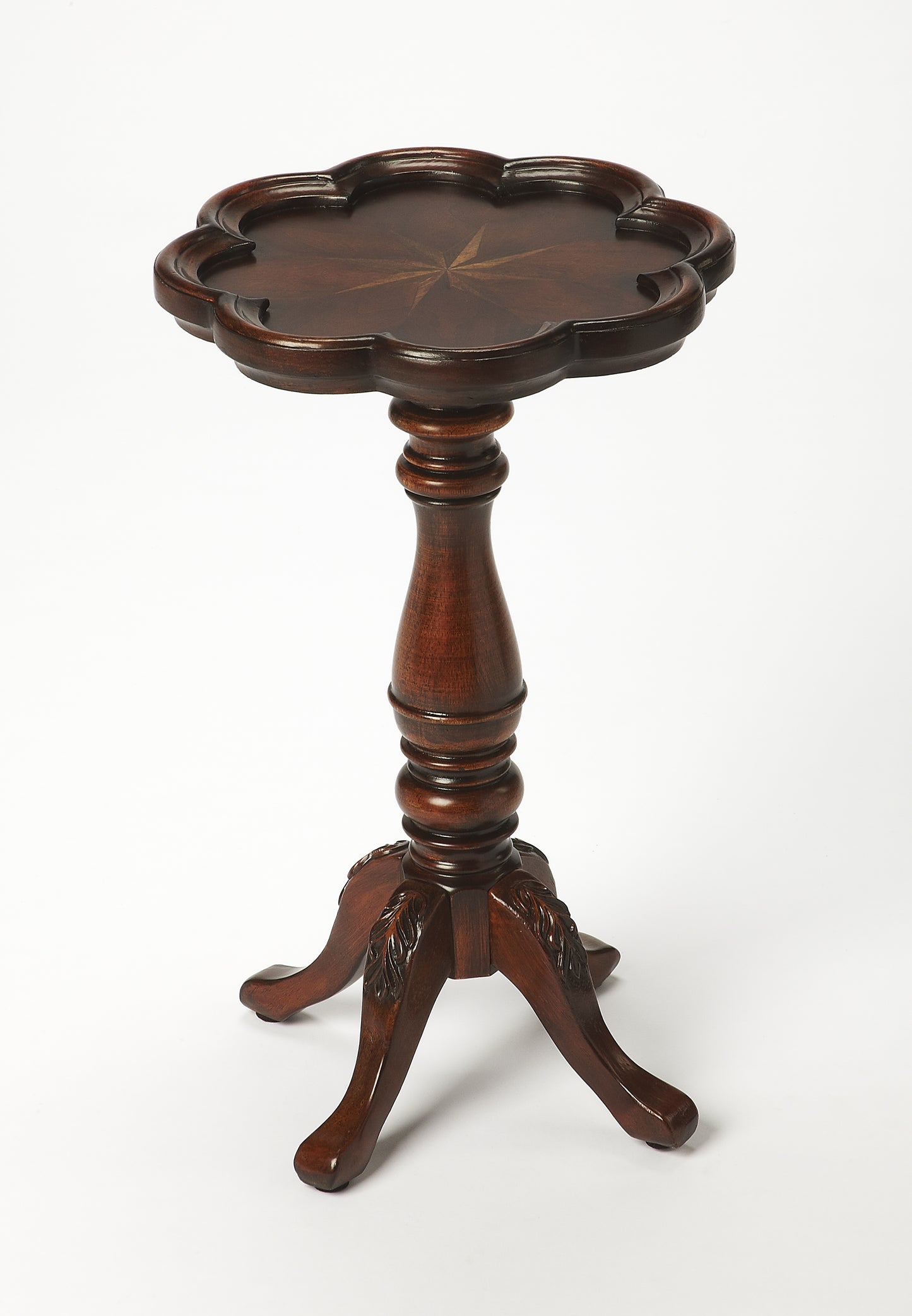 Butler Specialty Company Whitman 12 in. W Round Wood 4 Leg Pedestal Base Scalloped Edge Side Table, Dark Brown