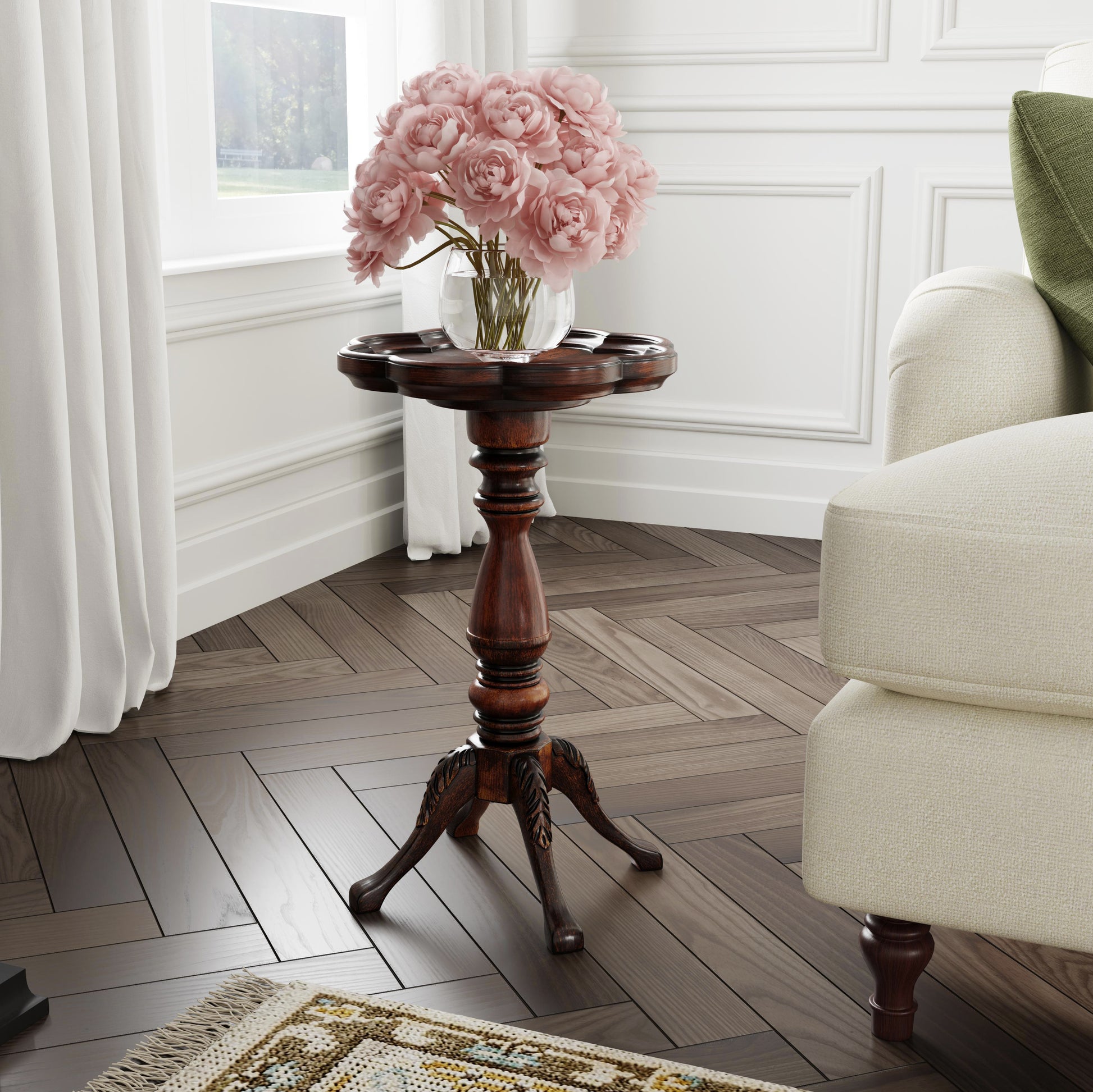 Butler Specialty Company Whitman 12 in. W Round Wood 4 Leg Pedestal Base Scalloped Edge Side Table, Dark Brown