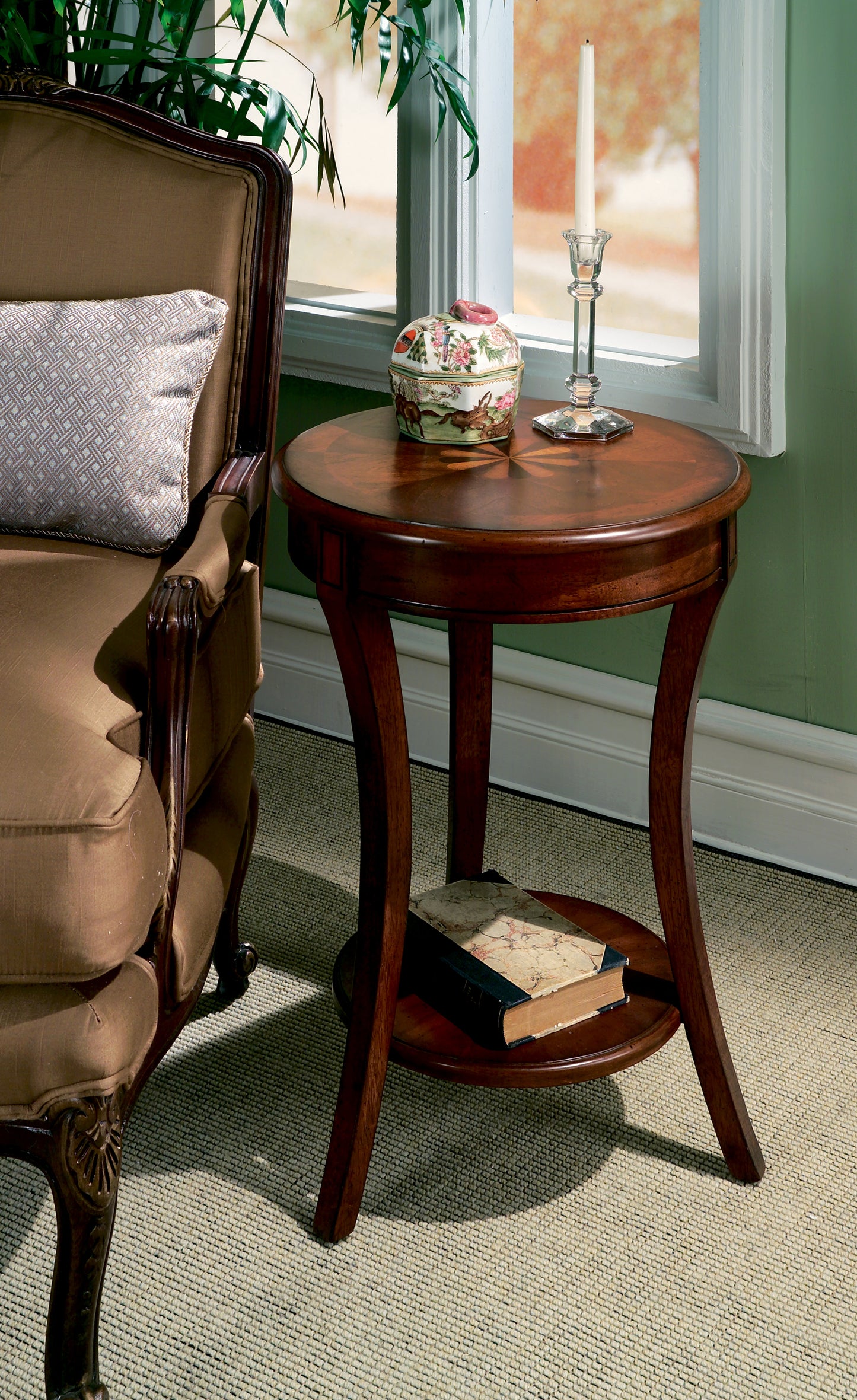 Butler Specialty Company Holdin 18 in. W Round Wood Side Table with Lower Open Shelf, Dark Brown