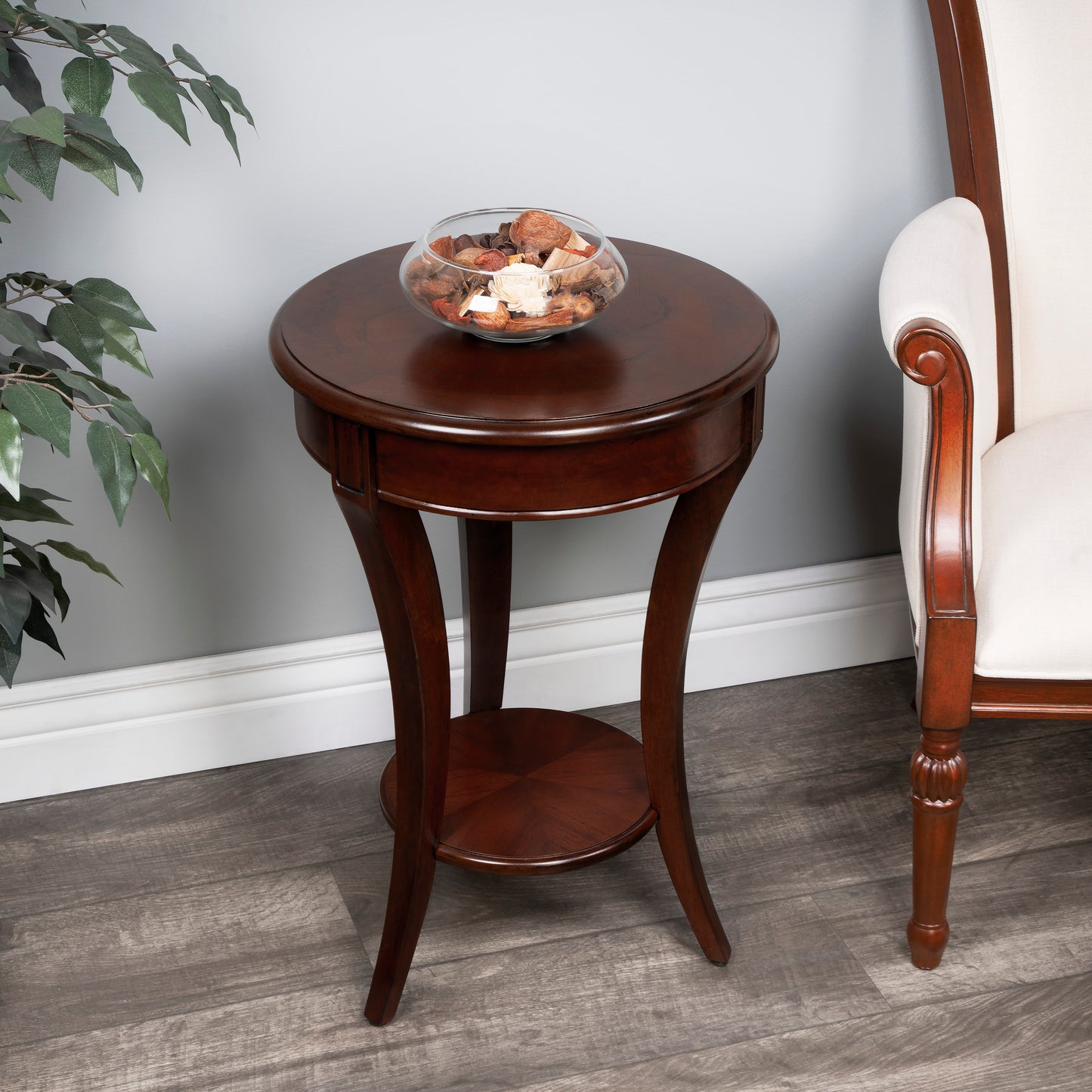 Butler Specialty Company Holdin 18 in. W Round Wood Side Table with Lower Open Shelf, Dark Brown