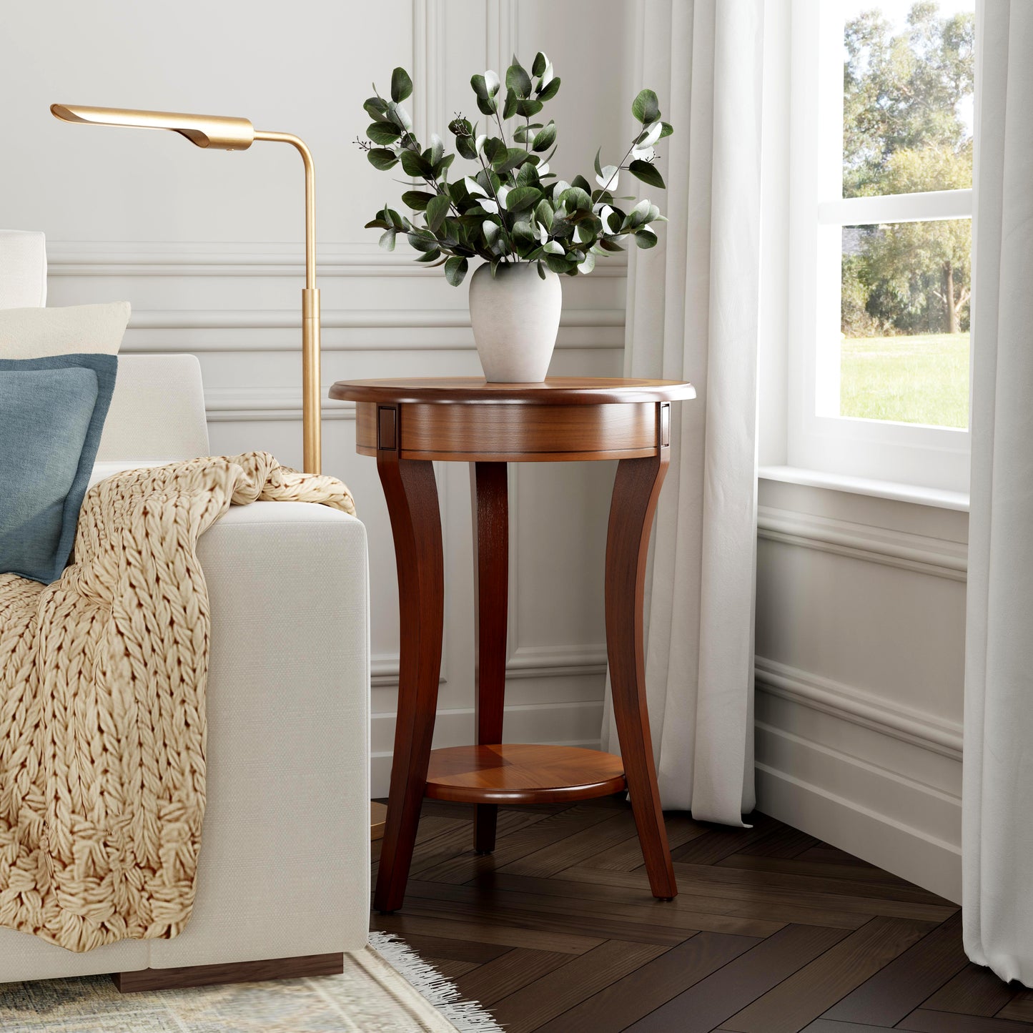 Butler Specialty Company Holdin 18 in. W Round Wood Side Table with Lower Open Shelf, Medium Brown