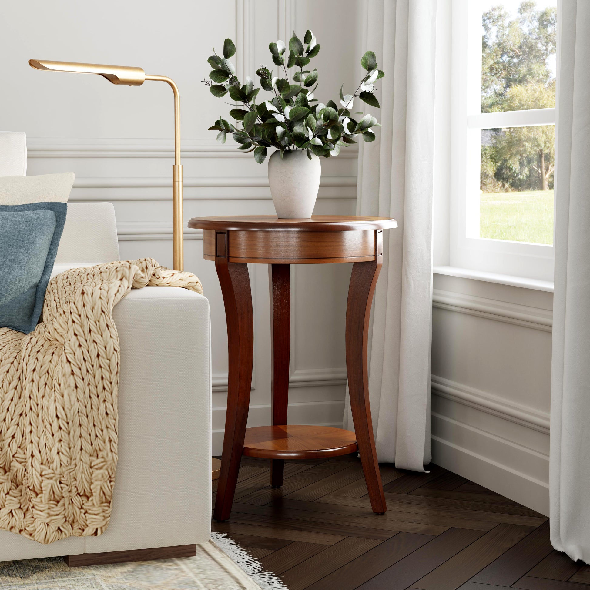 Butler Specialty Company Holdin 18 in. W Round Wood Side Table with Lower Open Shelf, Medium Brown