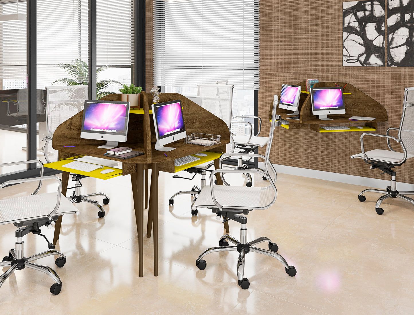 Manhattan Comfort Bradley Floating 2-Piece Cubicle Section Desk with Keyboard Shelf in Rustic Brown and Yellow 1-229BMC94