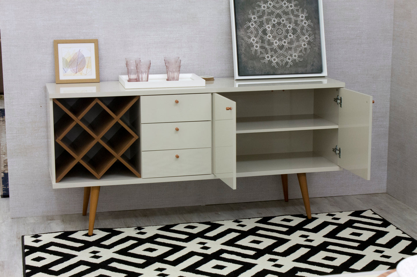 Manhattan Comfort Utopia 4 Bottle Wine Rack Sideboard Buffet Stand with 3 Drawers and 2 Shelves in Off White and Maple Cream 1010452