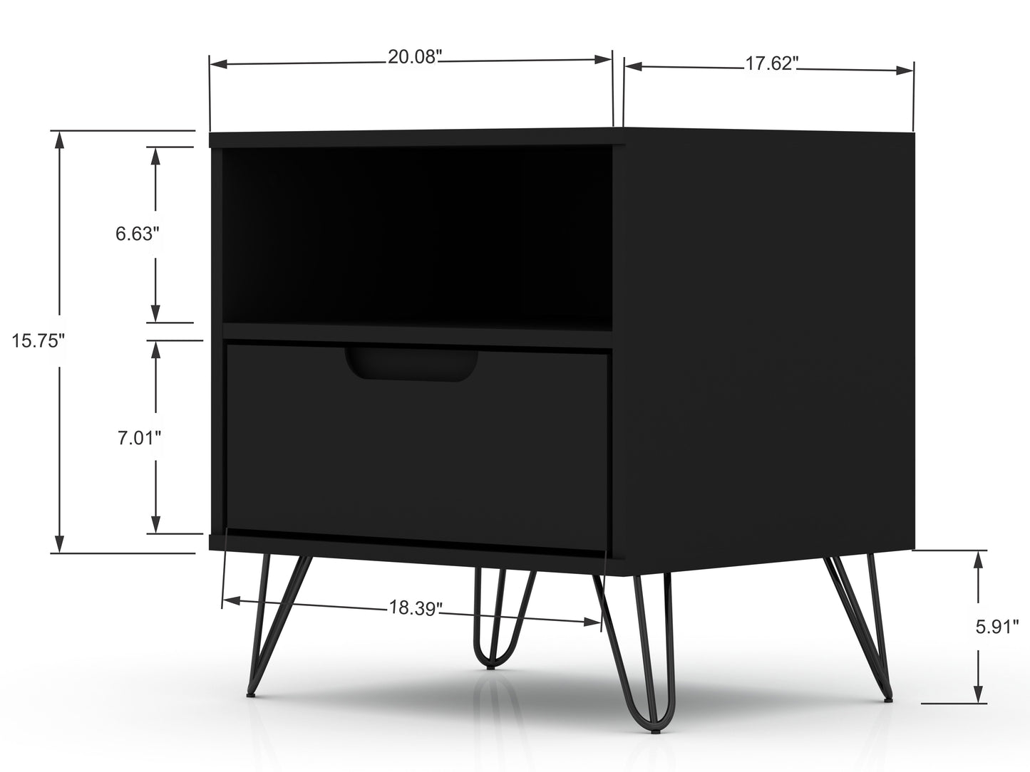 Rockefeller Mid-Century Modern 20" Nightstand in Black (1-Drawer) 101GMC2