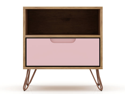 Manhattan Comfort Rockefeller 1.0 Mid-Century- Modern Nightstand with 1-Drawer in Nature and Rose Pink 101GMC6