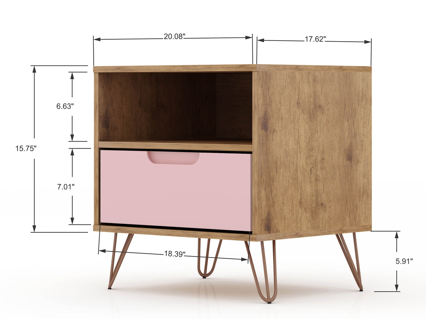 Rockefeller Mid-Century Modern 20" Nightstand in Pink (1-Drawer) 101GMC6