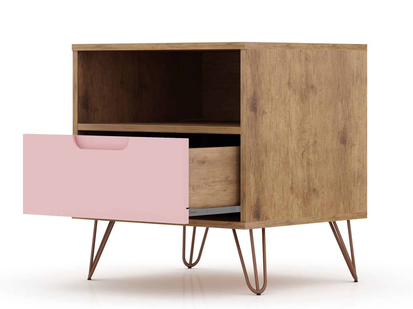 Manhattan Comfort Rockefeller 1.0 Mid-Century- Modern Nightstand with 1-Drawer in Nature and Rose Pink 101GMC6
