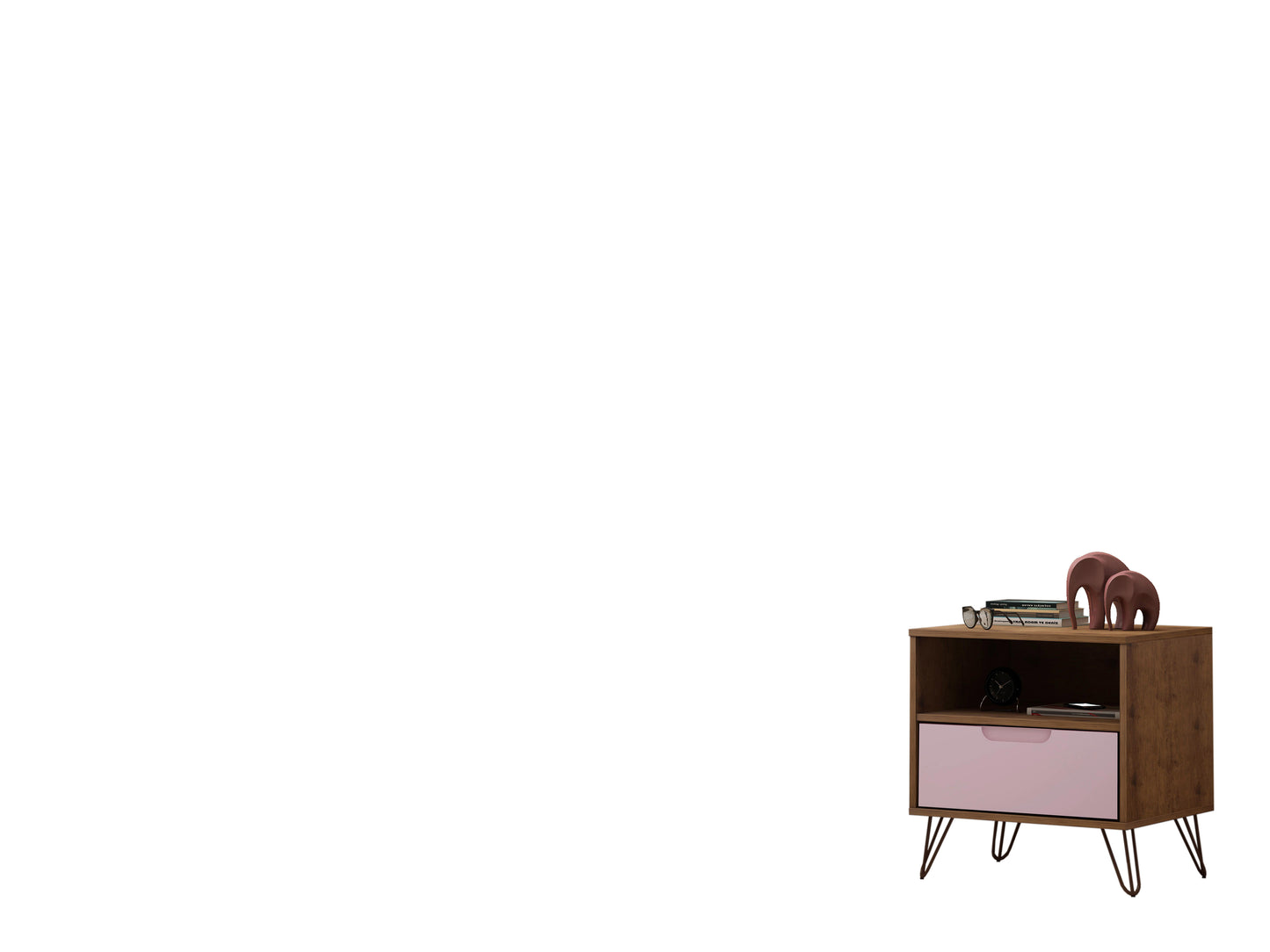 Manhattan Comfort Rockefeller 1.0 Mid-Century- Modern Nightstand with 1-Drawer in Nature and Rose Pink 101GMC6