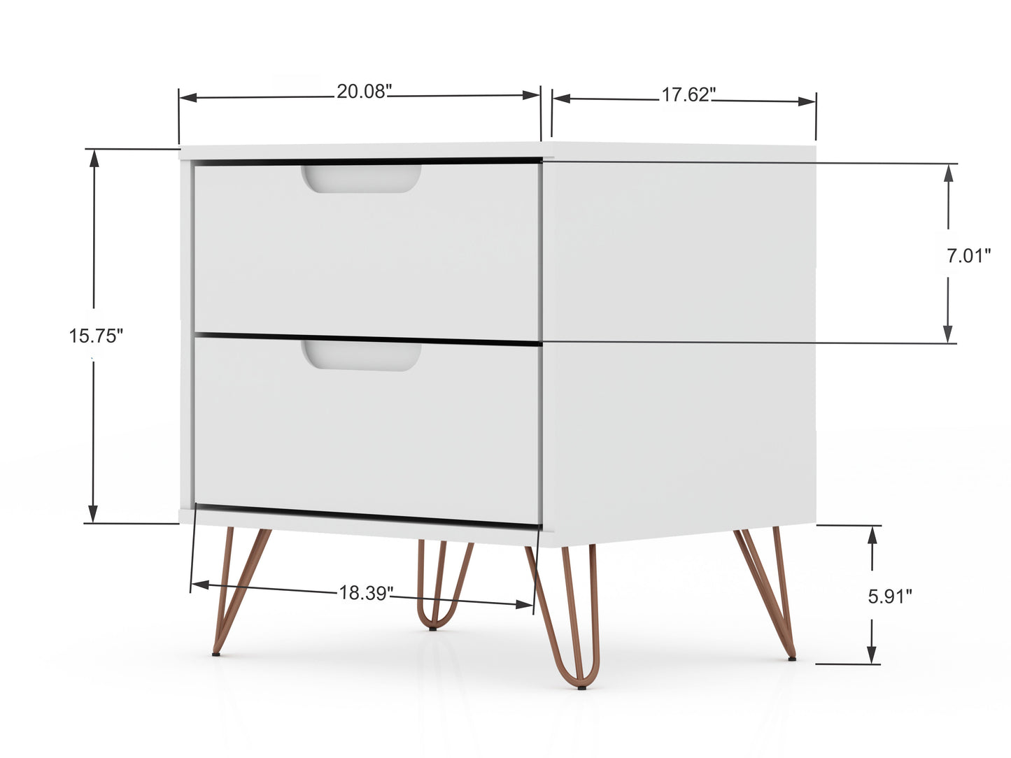 Rockefeller Mid-Century Modern 20" Nightstand in White (2-Drawer) 102GMC1