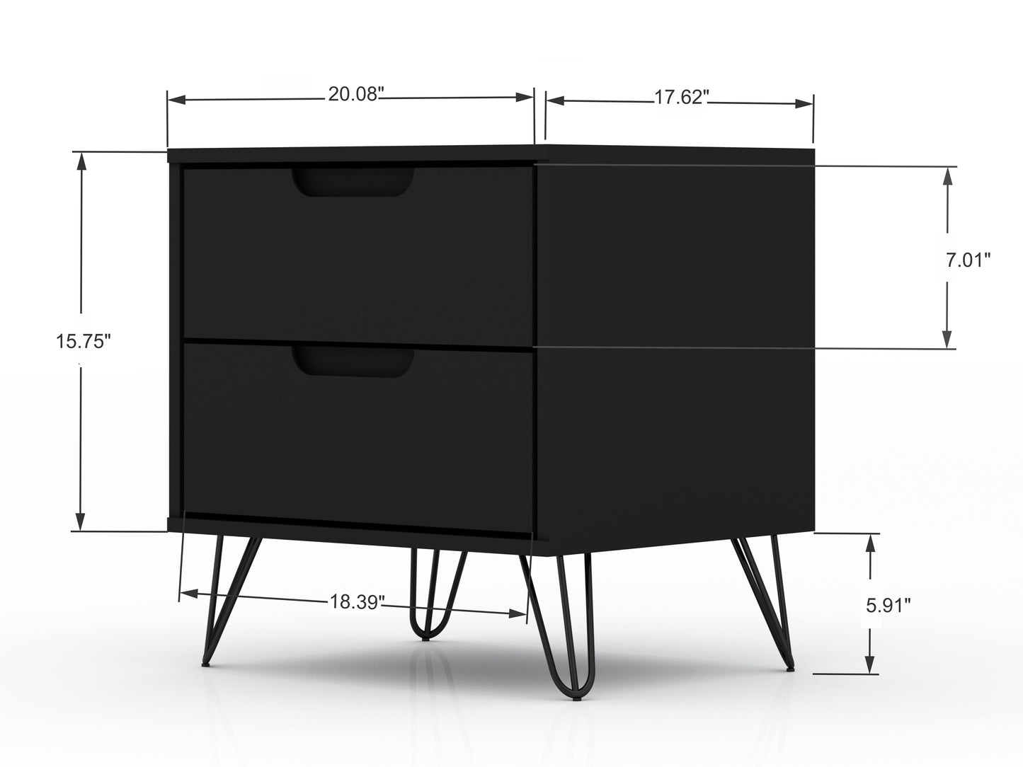 Rockefeller Mid-Century Modern 20" Nightstand in Black (2-Drawer) 102GMC2