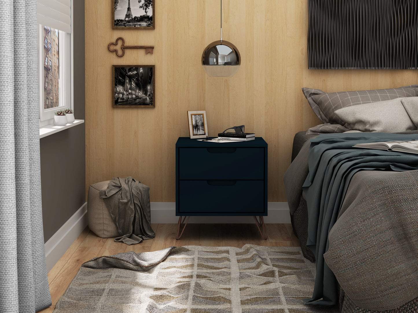 Rockefeller Mid-Century Modern 20" Nightstand in Midnight Blue (2-Drawer) 102GMC4