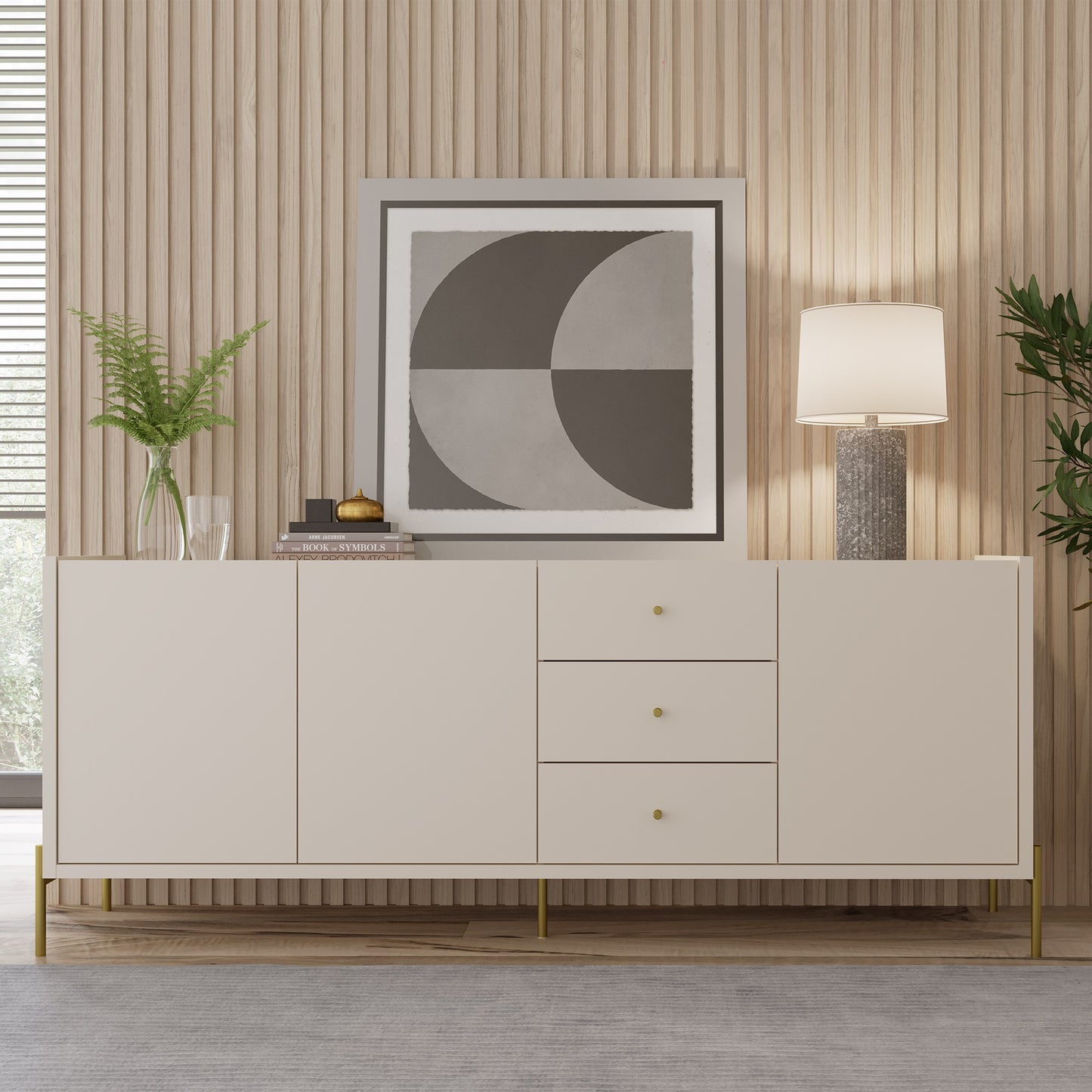 Manhattan Comfort Jasper 72.51" Sideboard with Steel Gold Legs in Off White Matte 1031251
