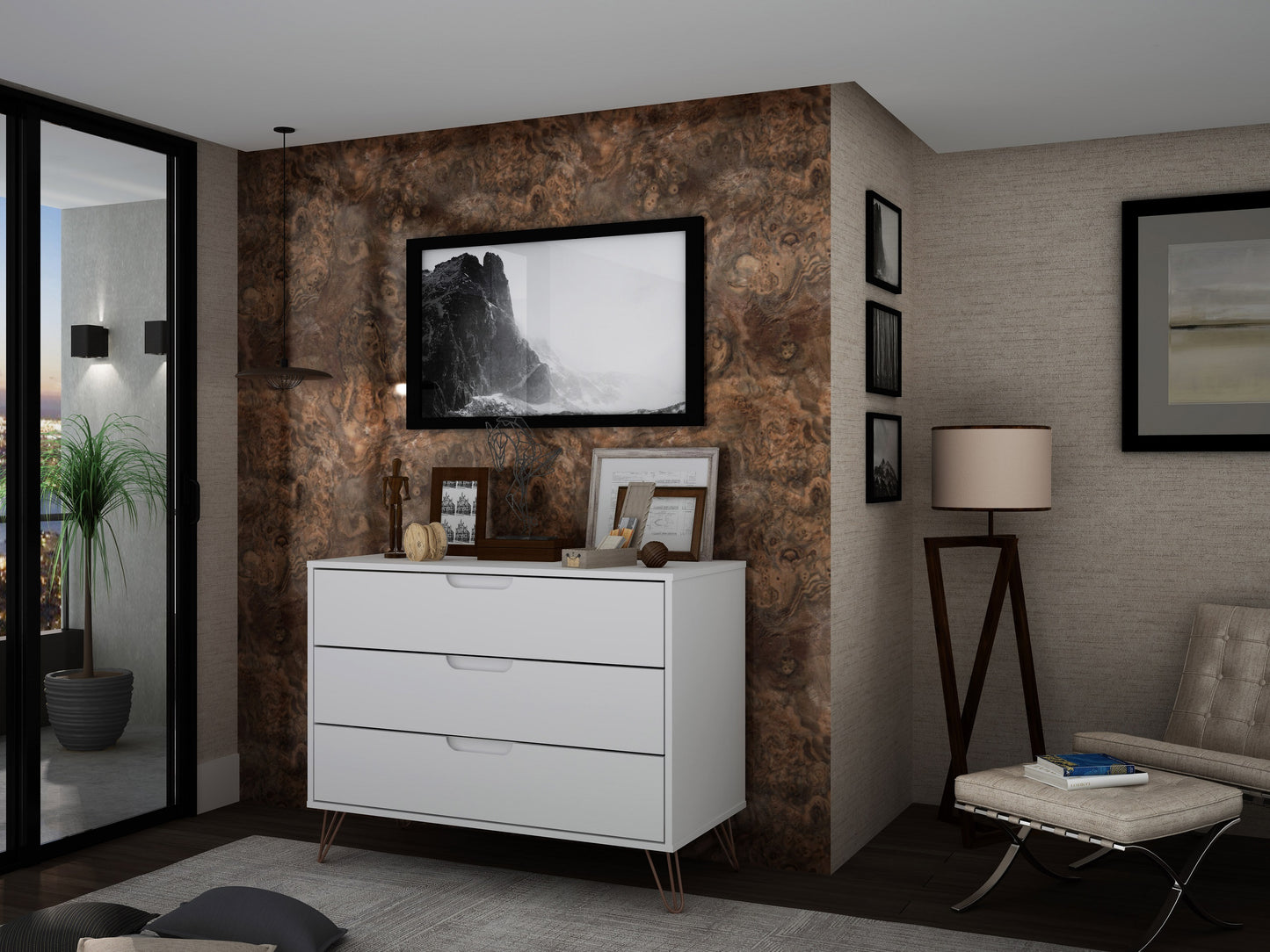 Manhattan Comfort Rockefeller Mid-Century- Modern Dresser with 3-Drawers in White 103GMC1
