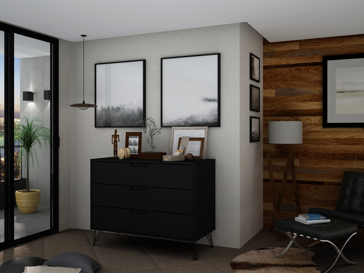 Manhattan Comfort Rockefeller Mid-Century- Modern Dresser with 3-Drawers in Black 103GMC2