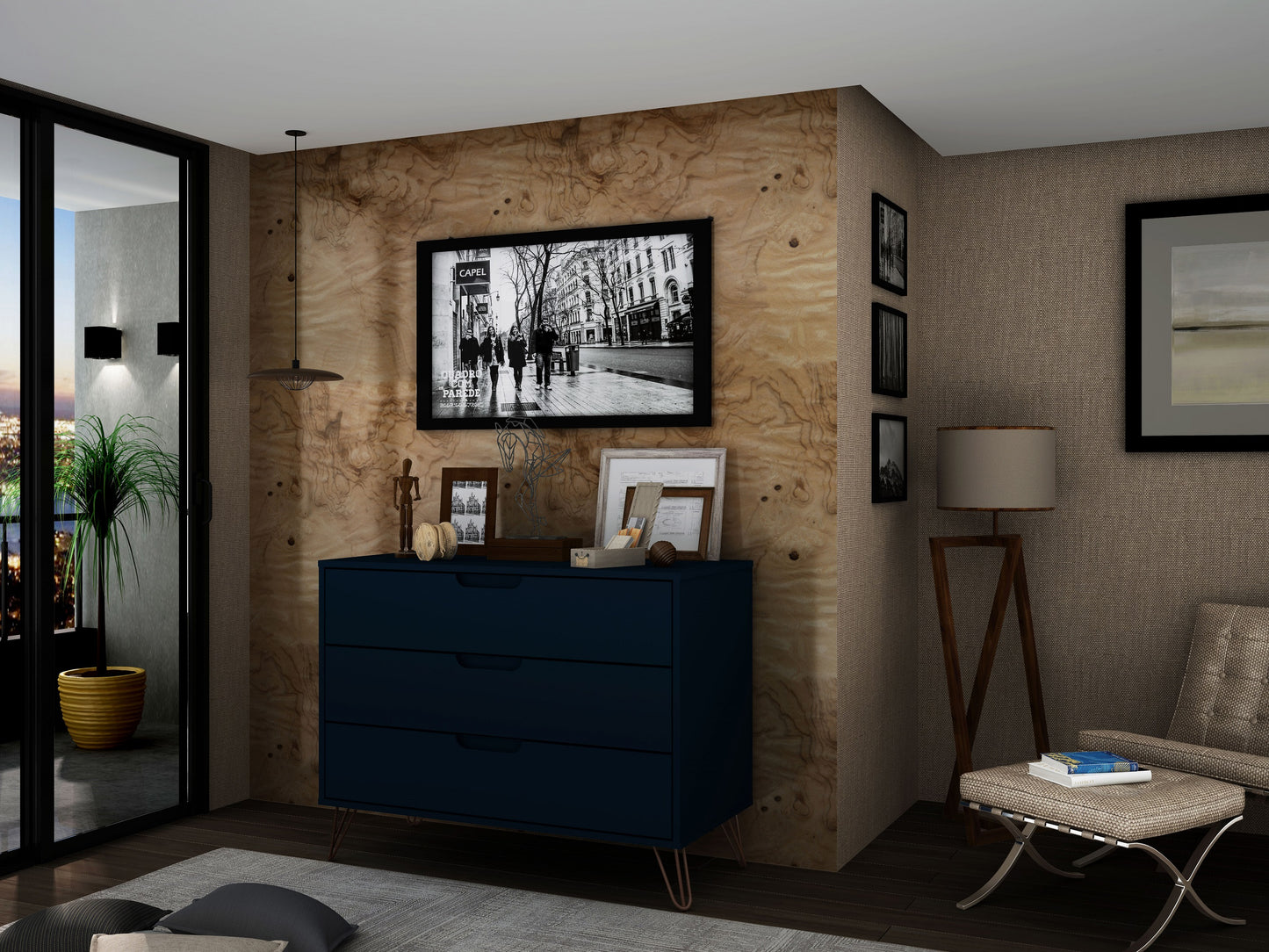 Manhattan Comfort Rockefeller Mid-Century- Modern Dresser with 3-Drawers in Tatiana Midnight Blue 103GMC4