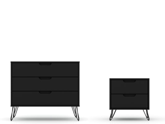 Manhattan Comfort Rockefeller Mic Century- Modern Dresser and Nightstand with Drawers- Set of 2 in Black 104GMC2