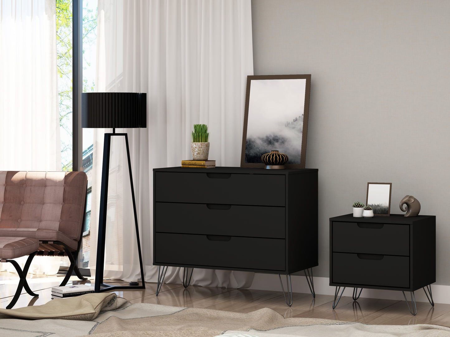 Manhattan Comfort Rockefeller Mic Century- Modern Dresser and Nightstand with Drawers- Set of 2 in Black 104GMC2