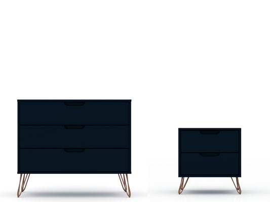 Manhattan Comfort Rockefeller Mic Century- Modern Dresser and Nightstand with Drawers- Set of 2 in Tatiana Midnight Blue 104GMC4