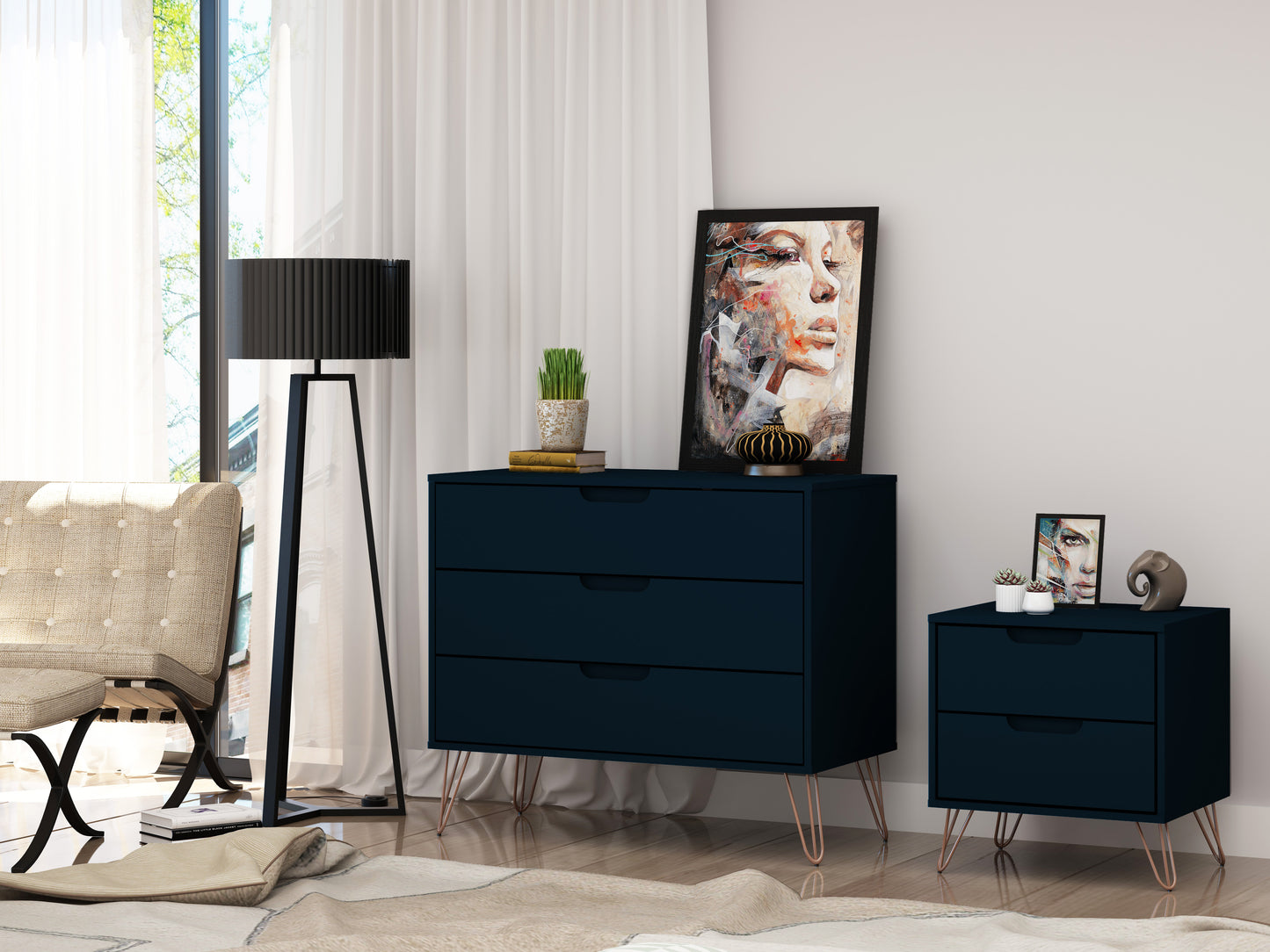 Manhattan Comfort Rockefeller Mic Century- Modern Dresser and Nightstand with Drawers- Set of 2 in Tatiana Midnight Blue 104GMC4